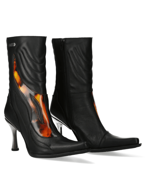 NEW ROCK Bottes Punk en Cuir Noir avec Motif Flamme