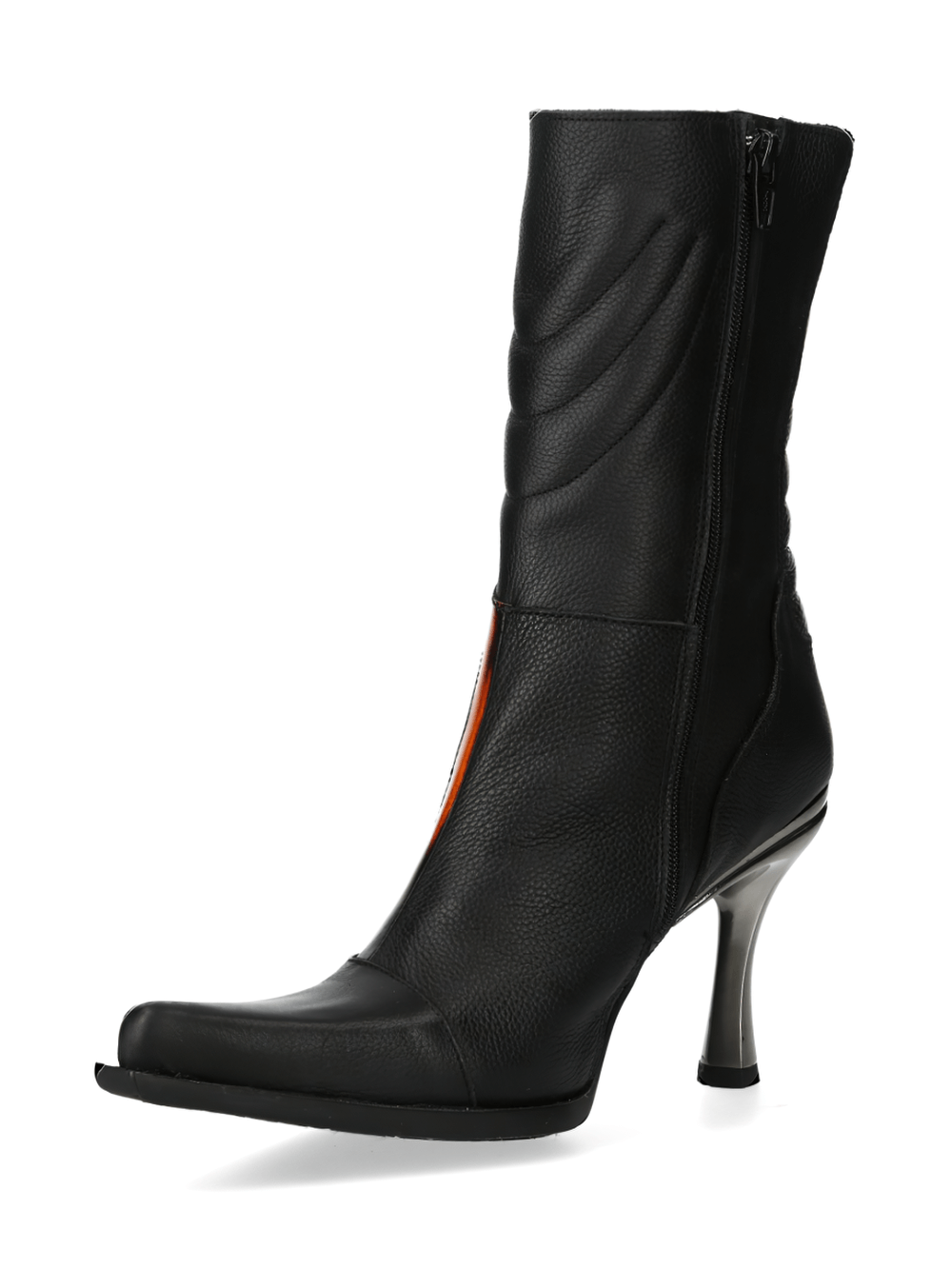 Trendy black leather heeled ankle boots with zipper closure and unique flame design for a bold punk style.