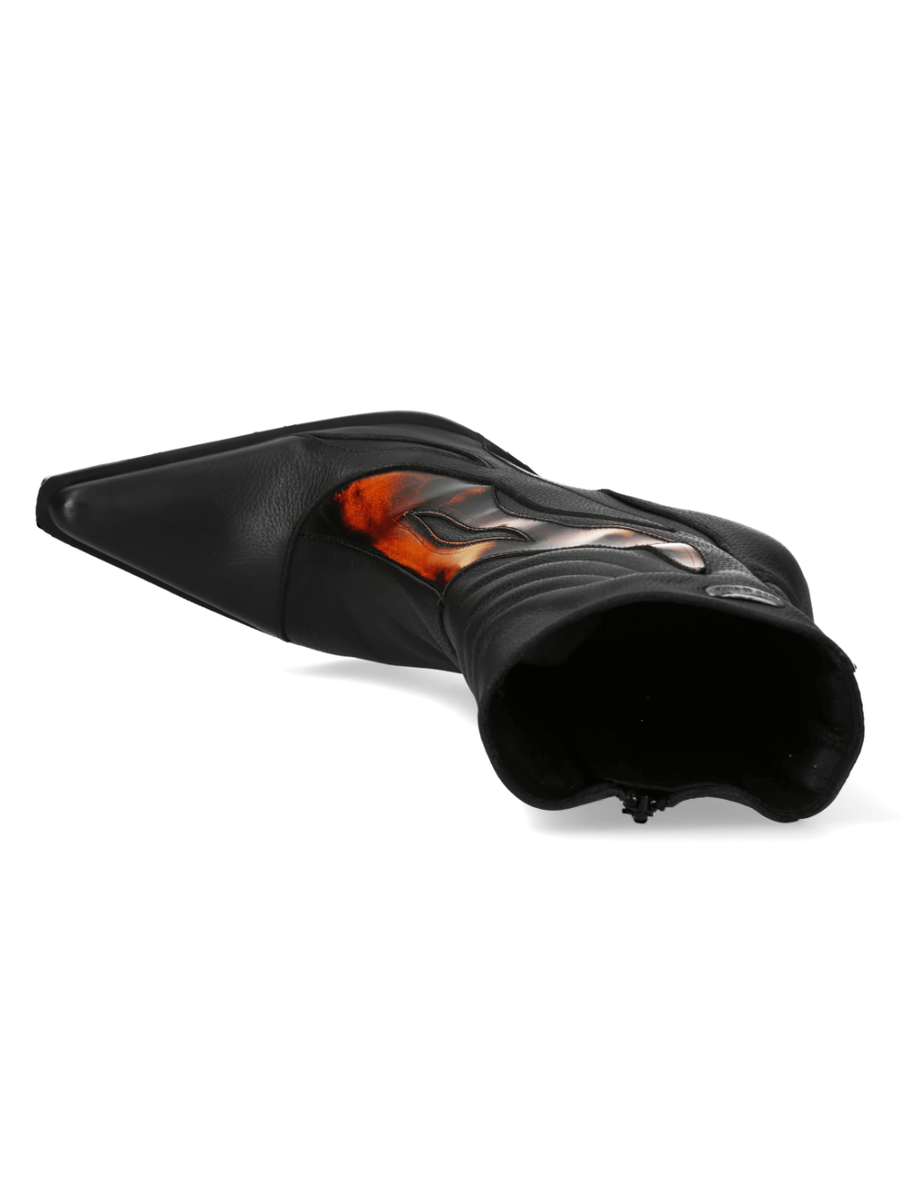 NEW ROCK punk black leather ankle boot with flame design showcasing edgy style and high-quality craftsmanship.