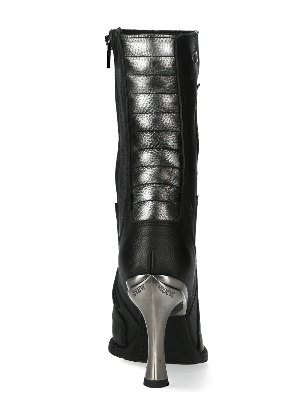 Back view of NEW ROCK Punk Black Leather Boots with flame design and metallic heel, perfect for a bold style.