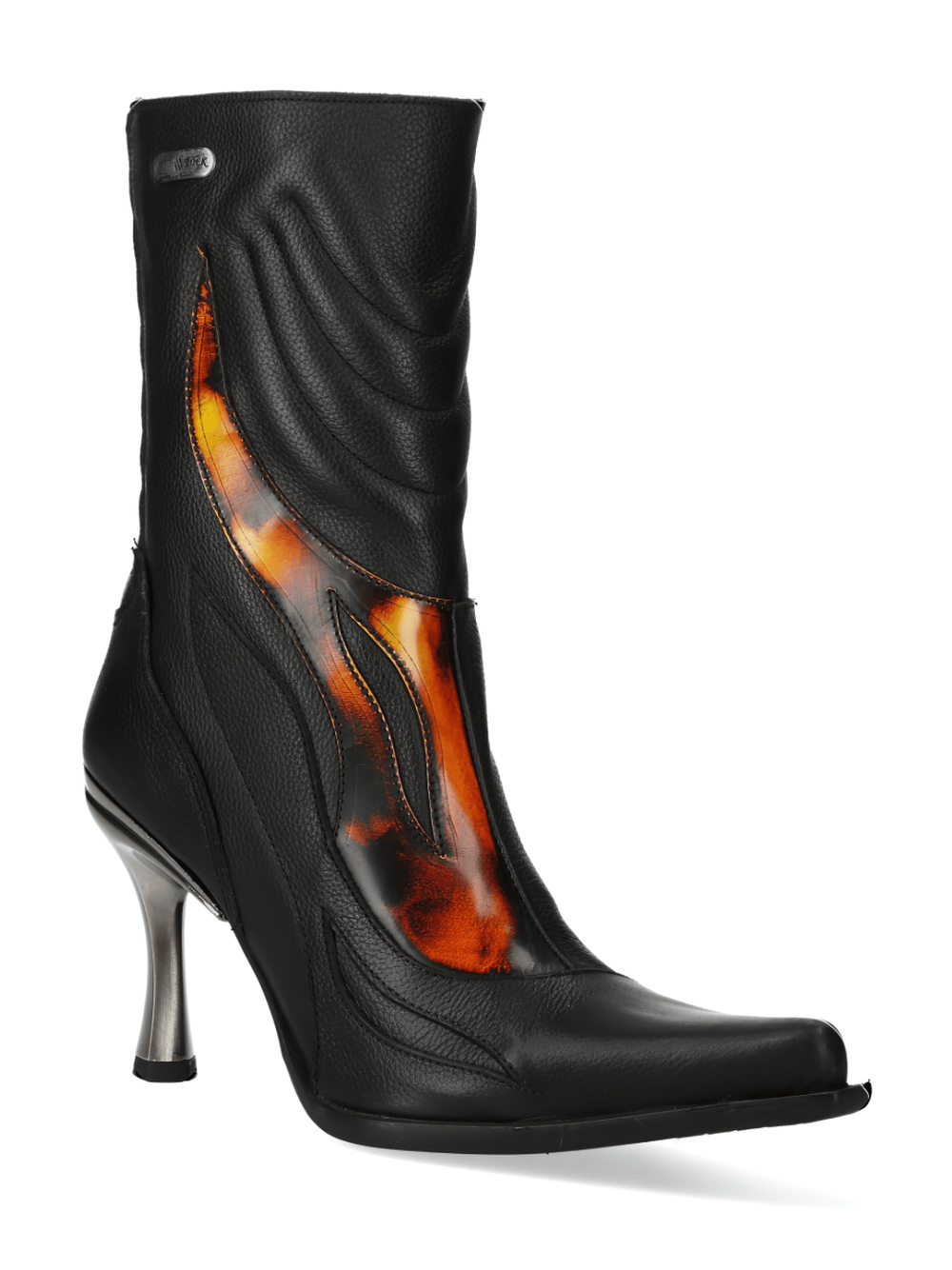 Trendy black leather punk ankle boots with flame design and high heels, perfect for a bold fashion statement.