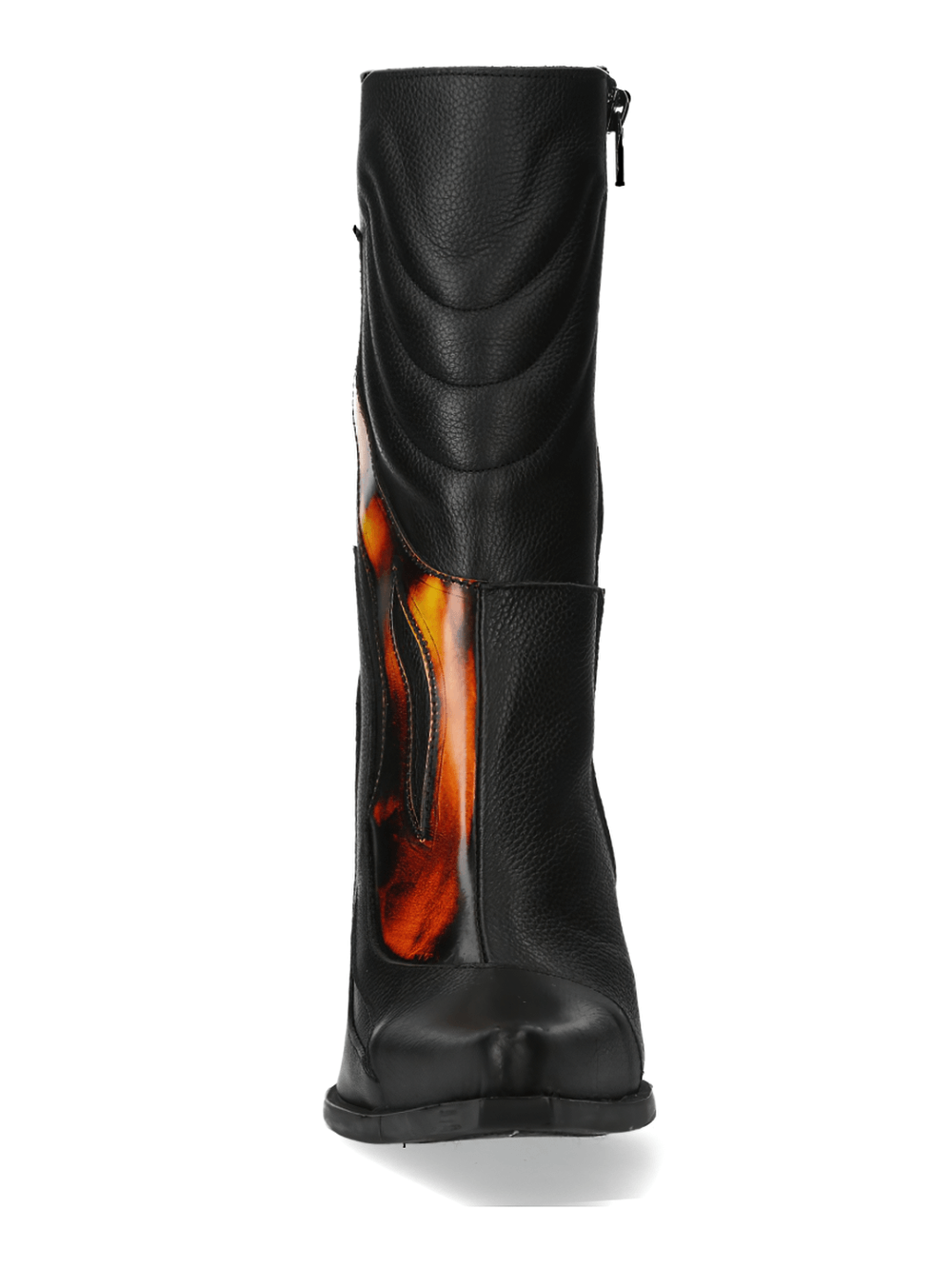 Black leather ankle boots with bold flame design and zipper closure from the MALICIA COLLECTION.