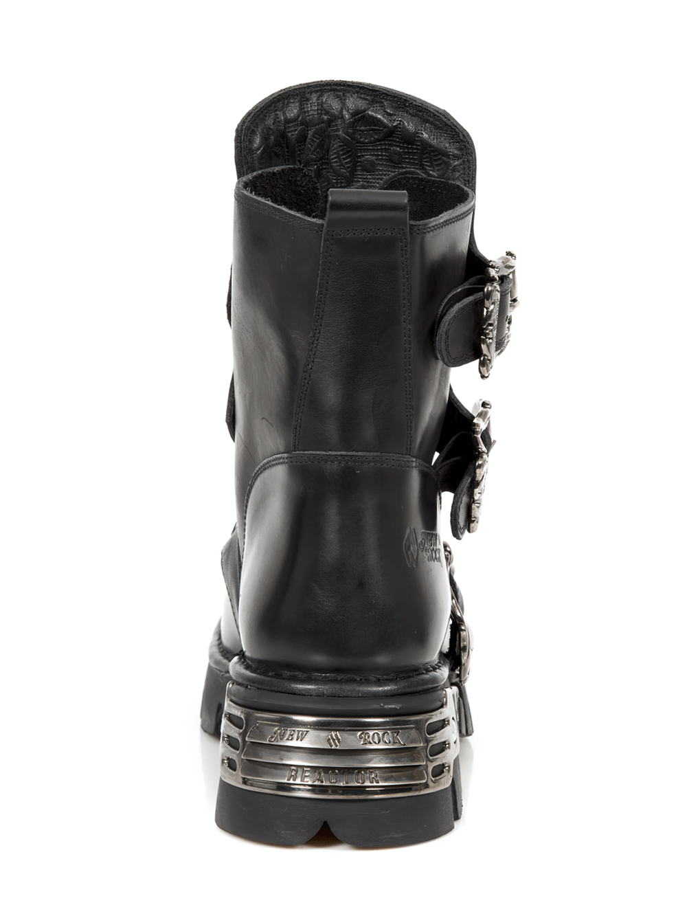 Back view of NEW ROCK black leather punk boots with bold metal buckles and striking silver heel design.