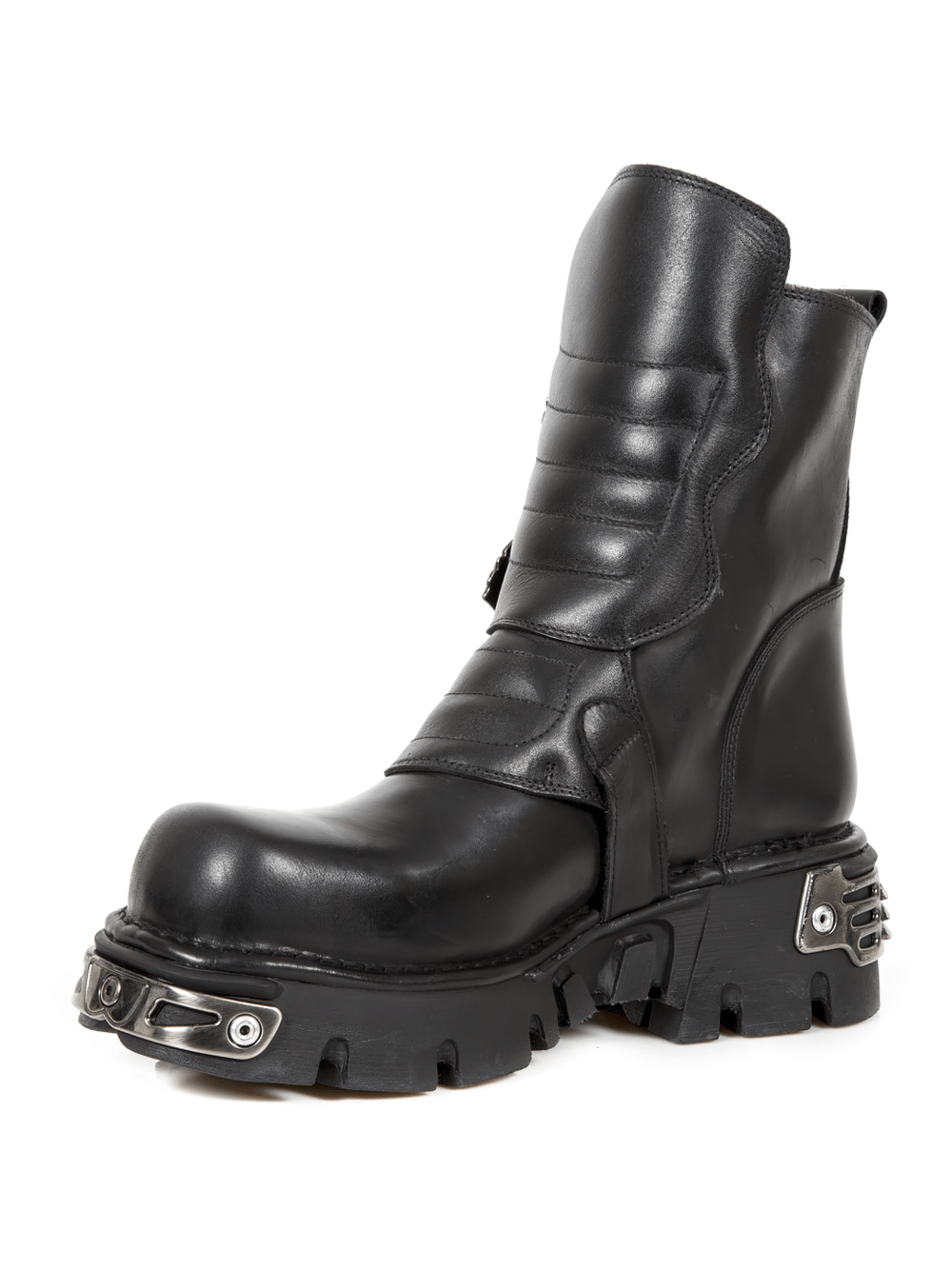 NEW ROCK punk black leather boots with bold metal buckles and a robust design for gothic fashion.