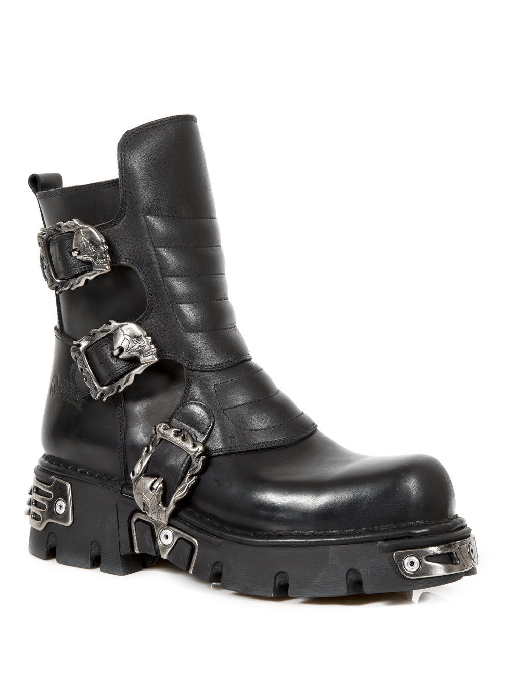 NEW ROCK Punk Black Leather Boots with bold metal buckles and flat heel, perfect for gothic and punk styles.