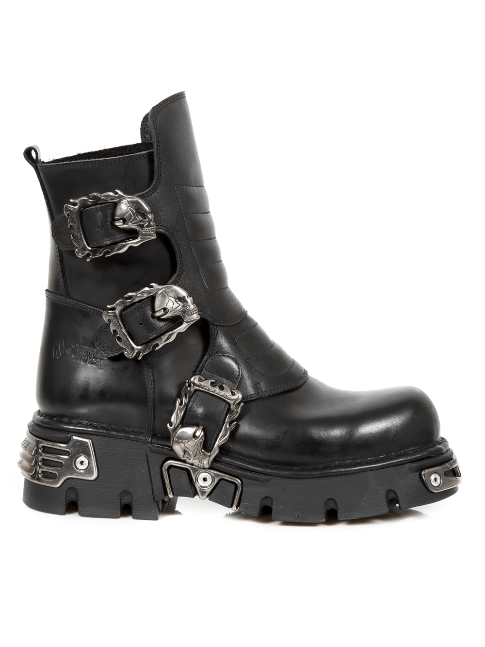 NEW ROCK punk black leather boots with metal buckles showcasing a gothic style and flat heel.