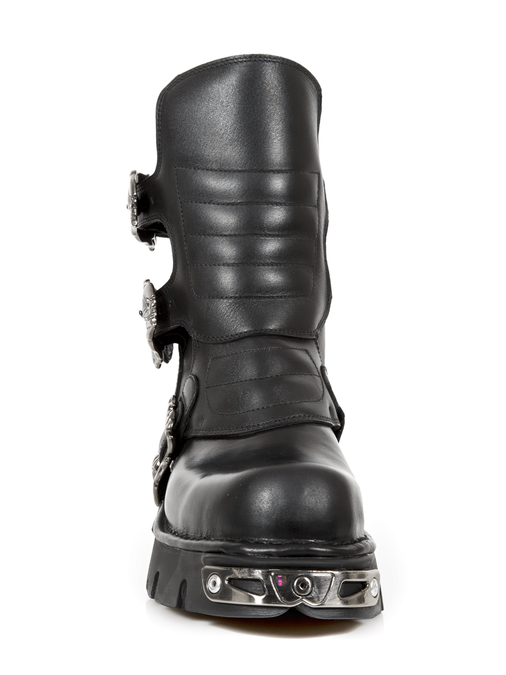 Front view of NEW ROCK gothic black leather boots with metal buckles, showcasing punk and rock style.