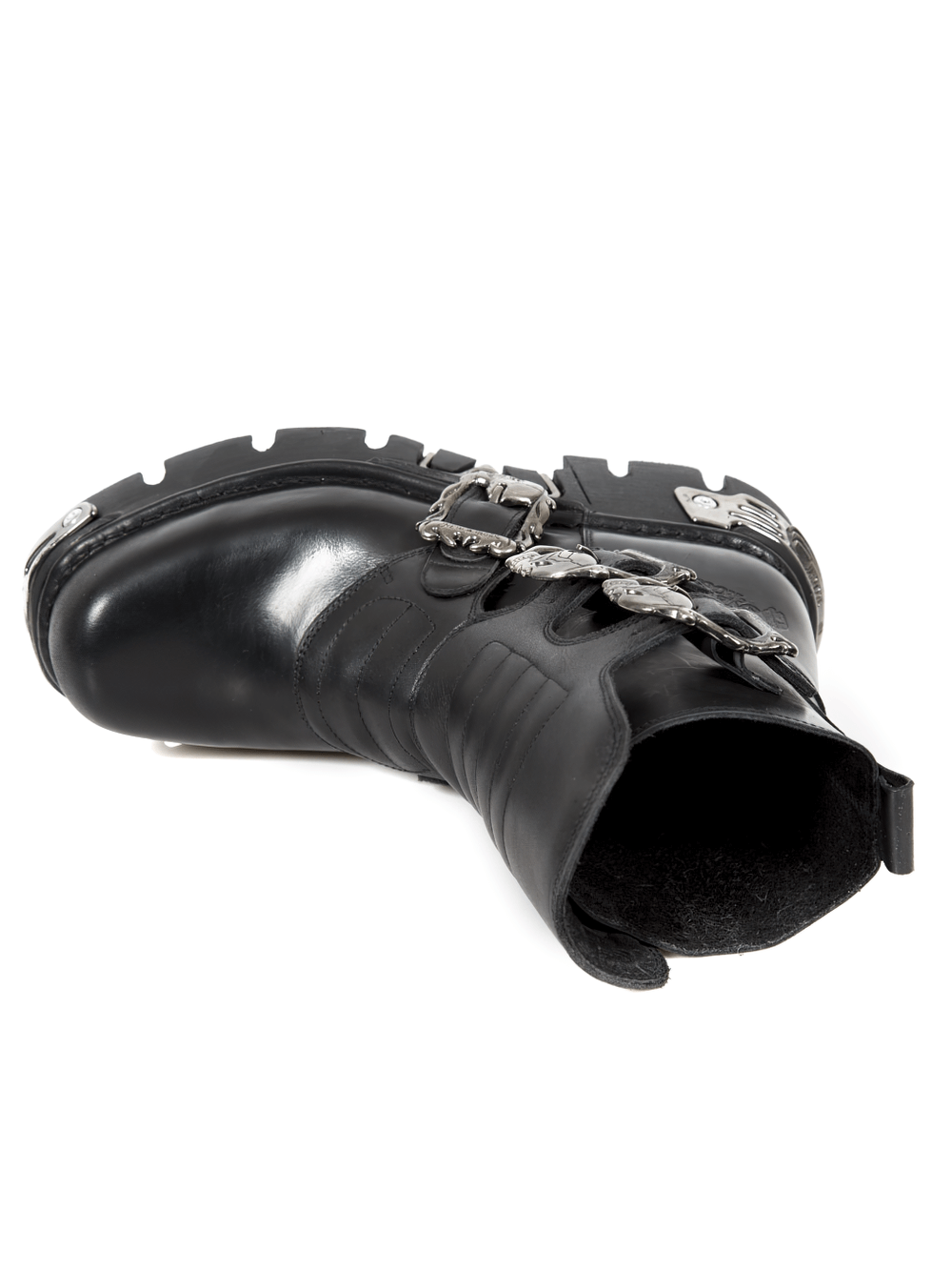 NEW ROCK black leather punk boots with metal buckles, showcasing a striking gothic design and flat heel.