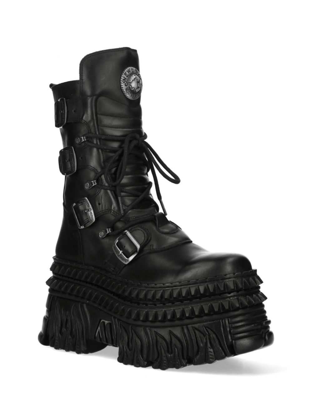 NEW ROCK Gothic Punk Black Platform Boots with Buckle and Laces, featuring thick sole and unique design.