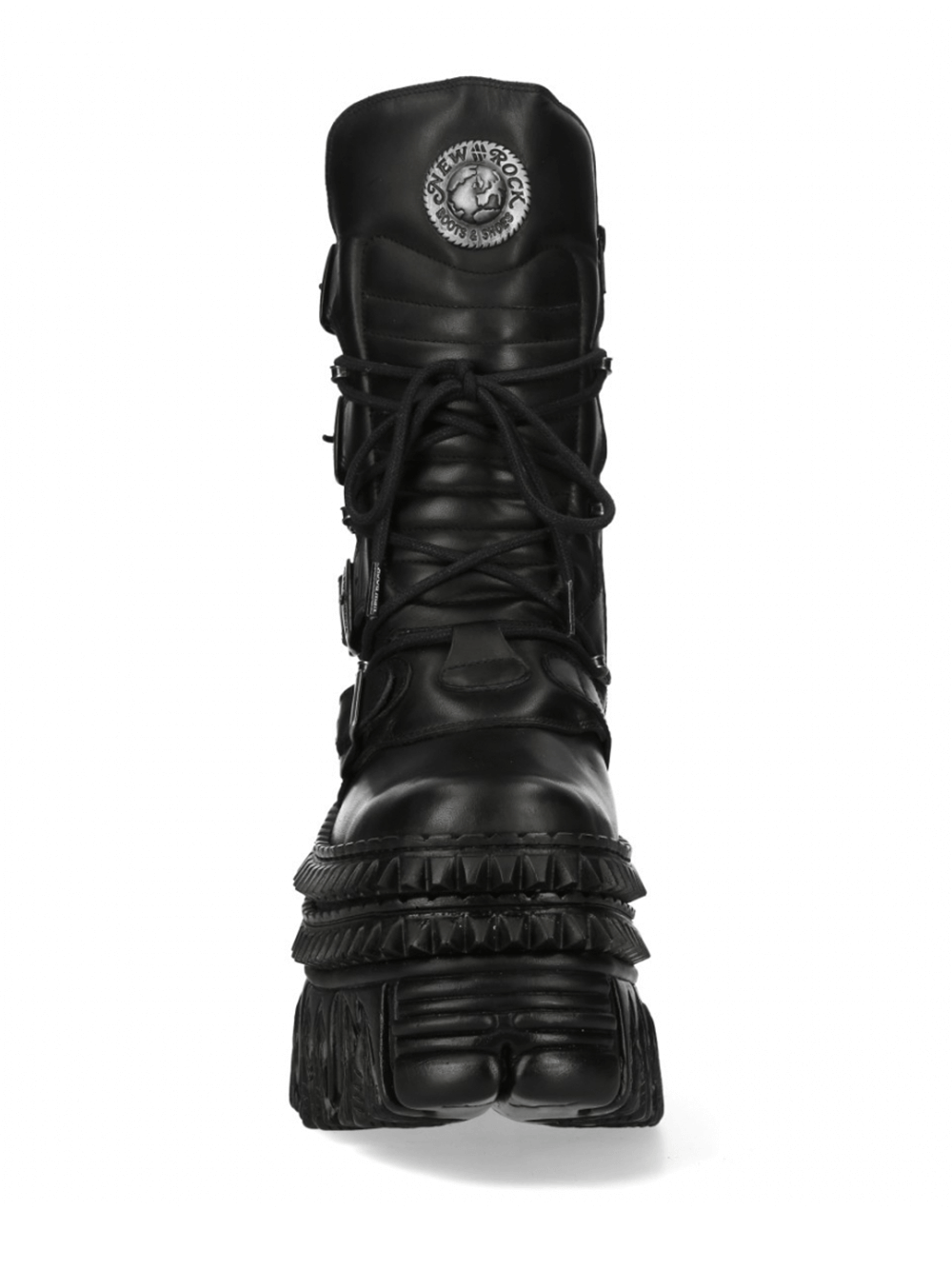 NEW ROCK Gothic Punk Black Platform Boots with laces and buckle, featuring thick sole and bold style.