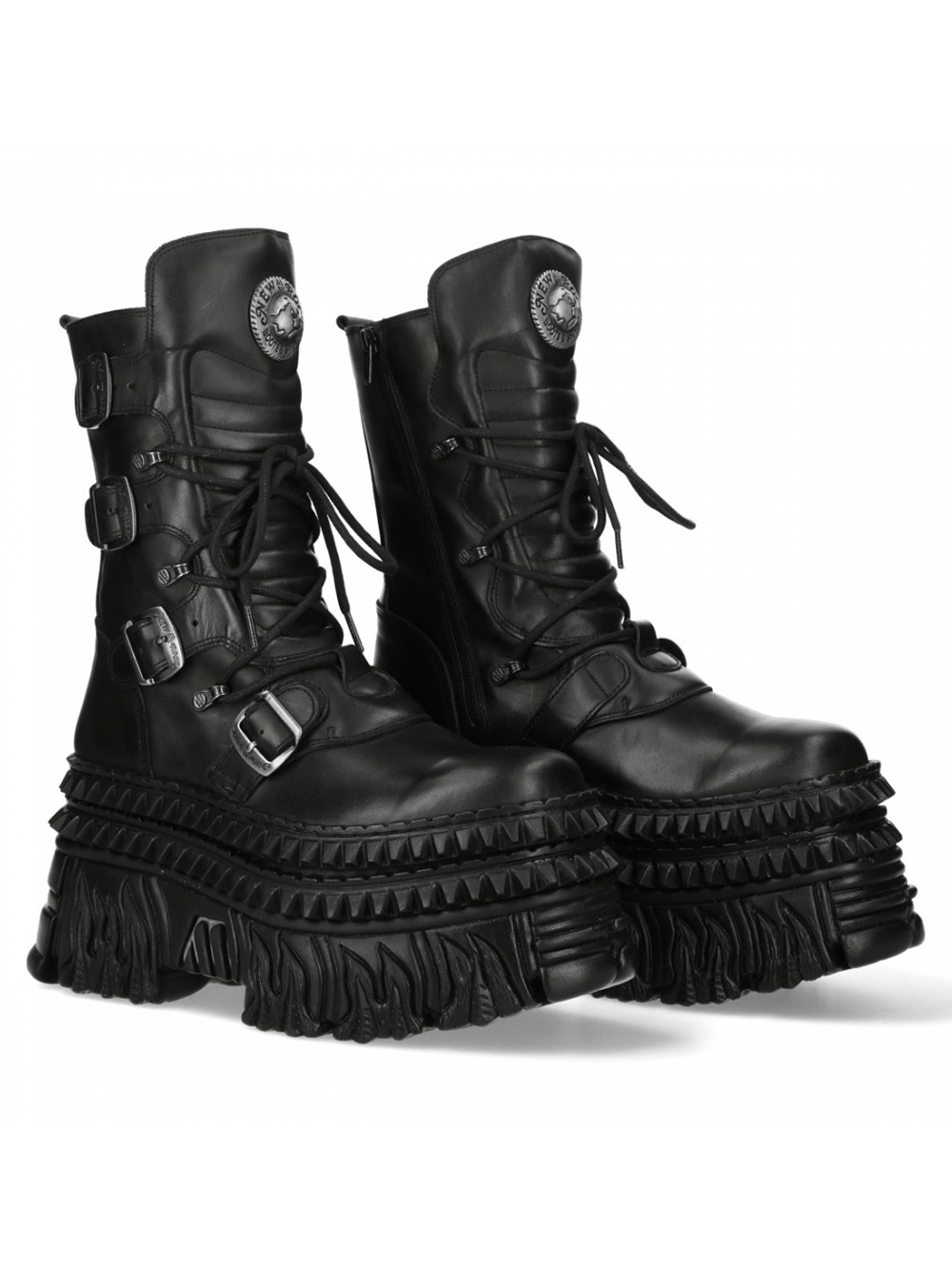 NEW ROCK Gothic Punk Black Platform Boots with thick sole, buckle accents, and laces, perfect for bold fashion statements.