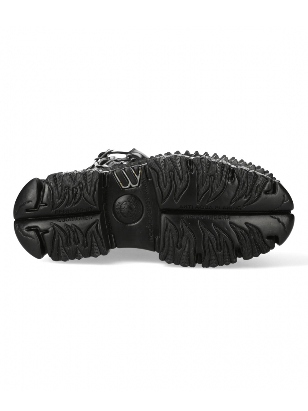 Bottom view of NEW ROCK Punk Black Platform Boots showcasing rugged tread and buckle detail for added style.