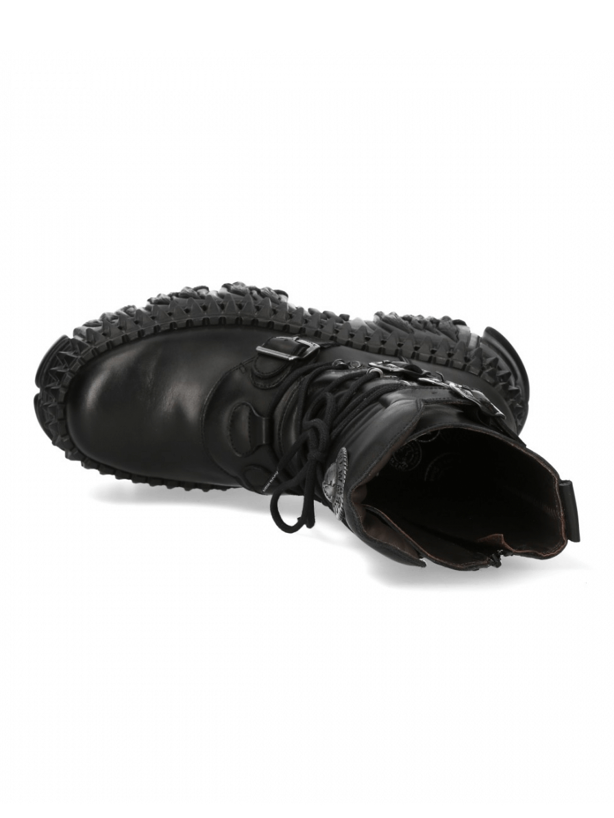 Top view of NEW ROCK Punk Black Platform Boots with buckle, lace-up design, and thick rubber sole for bold Gothic style.