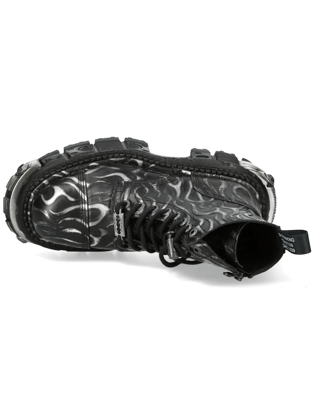 Alt Tag: NEW ROCK Punk Flame Ankle Boots with Industrial Sole Design top view black and silver flame lace-up ankle boot with chunky sole