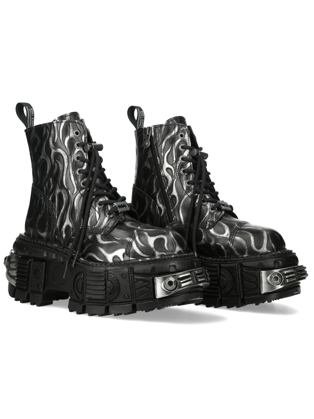 Alt Tag: NEW ROCK Punk Flame Ankle Boots with Industrial Sole Design black & silver gothic punk lace-up boots with side zip, bold platform sole