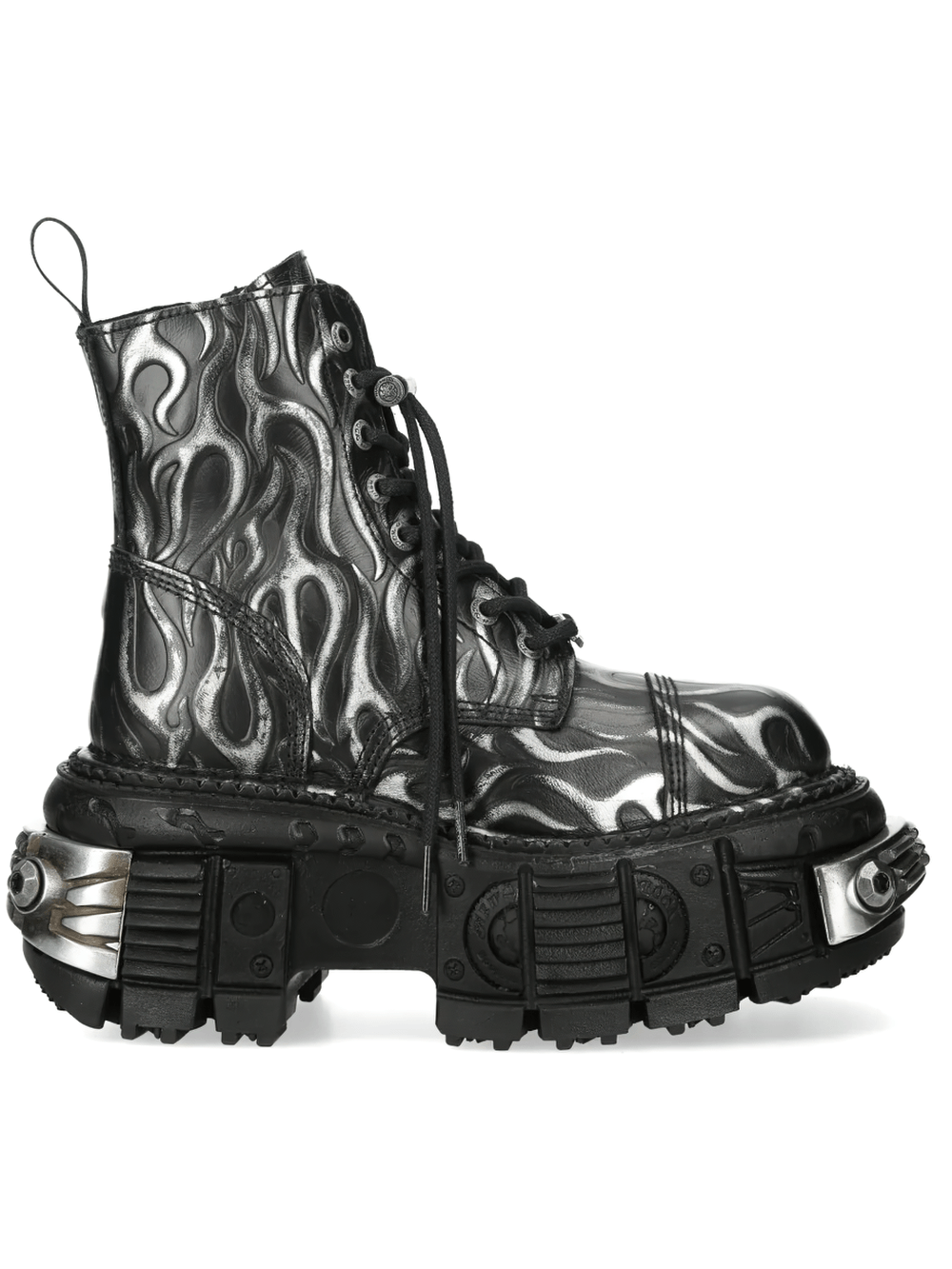 Alt Tag: NEW ROCK Punk Flame Ankle Boots with Industrial Sole Design black and silver flame lace-up ankle boot, side zip, sculpted platform