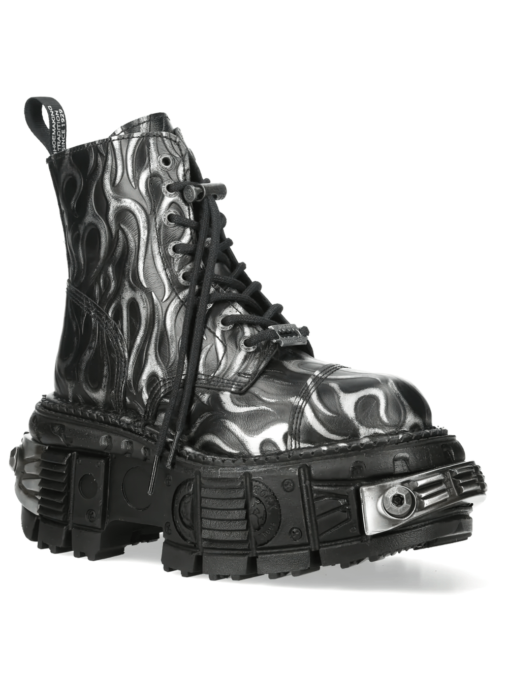 Alt Tag: NEW ROCK Punk Flame Ankle Boots with Industrial Sole Design black-silver flame lace-up ankle boot, side zip, chunky platform