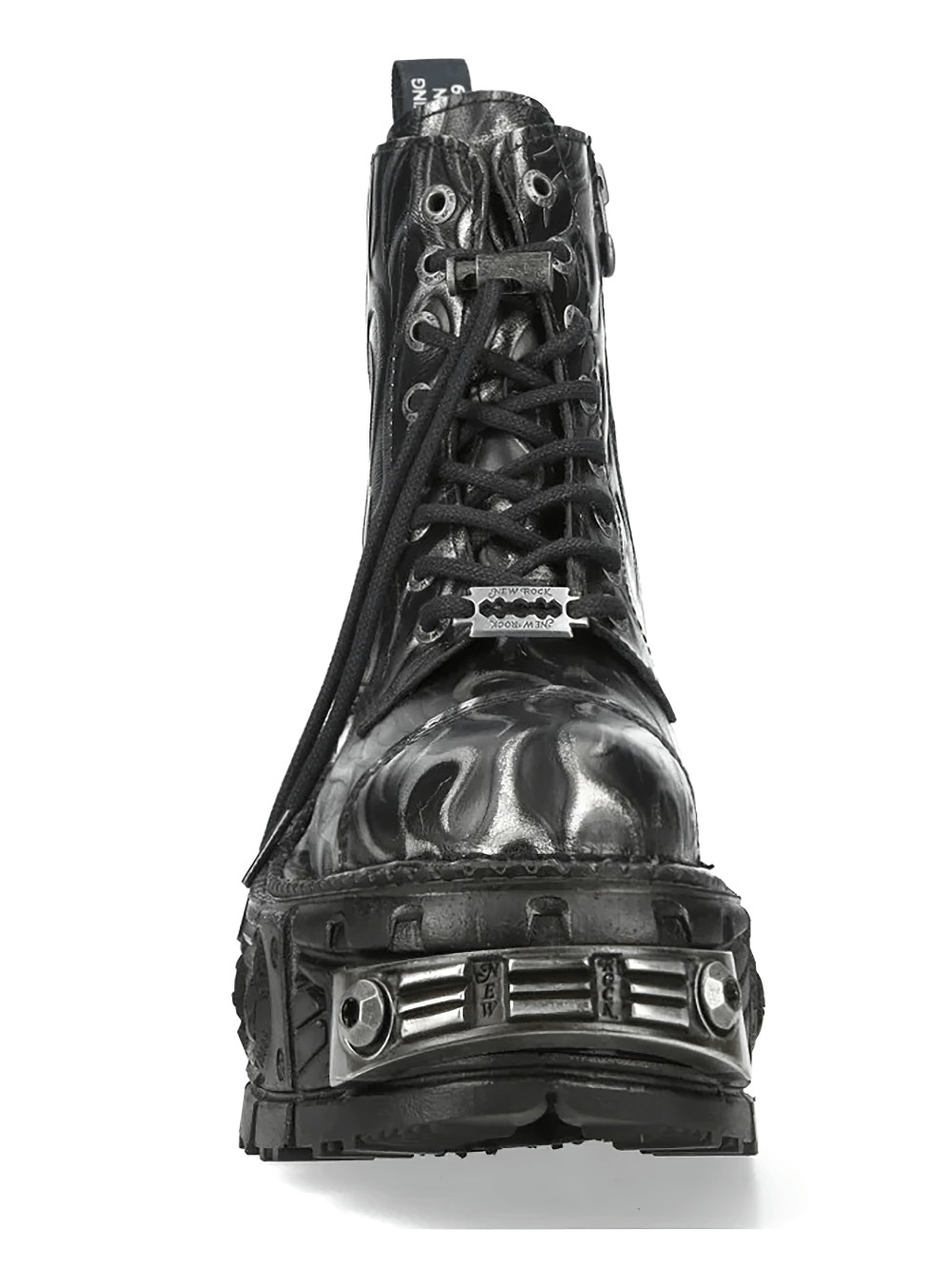 Alt Tag: NEW ROCK Punk Flame Ankle Boots with Industrial Sole Design black flame lace-up ankle boot, side zip, sculpted platform sole