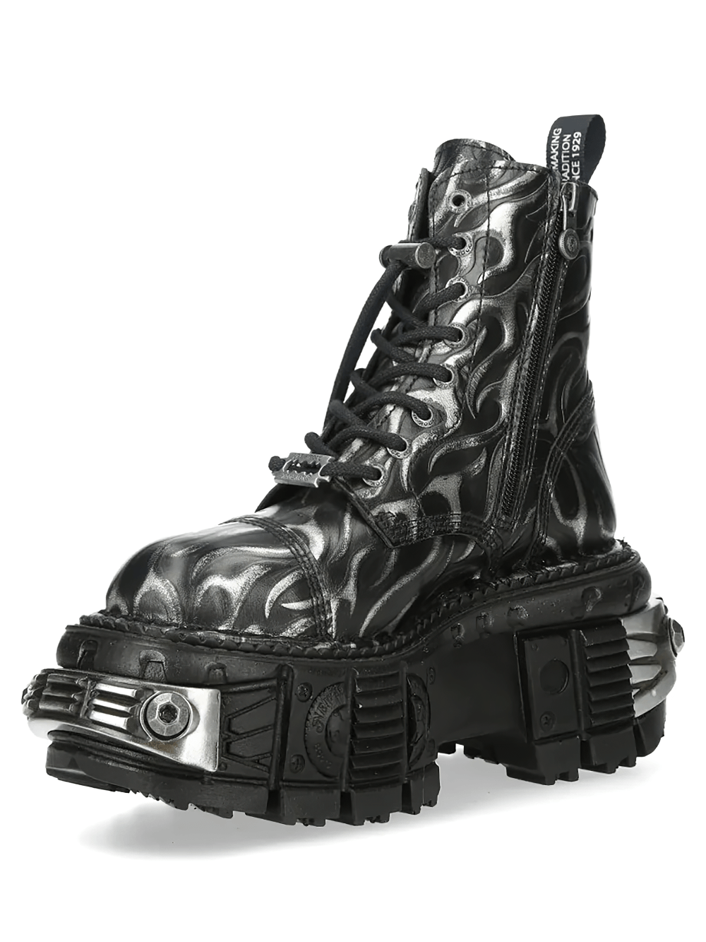 Alt Tag: NEW ROCK Punk Flame Ankle Boots with Industrial Sole Design black silver flame lace-up ankle boot with side zip platform sole