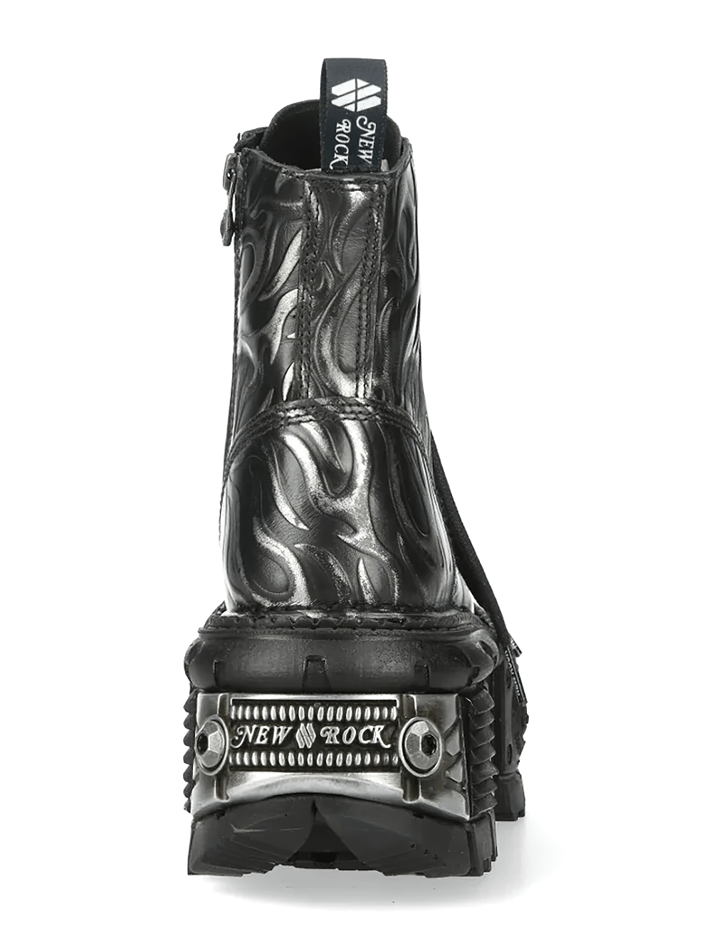 Alt Tag: NEW ROCK Punk Flame Ankle Boots with Industrial Sole Design front view black silver flame platform sole side zip hardware