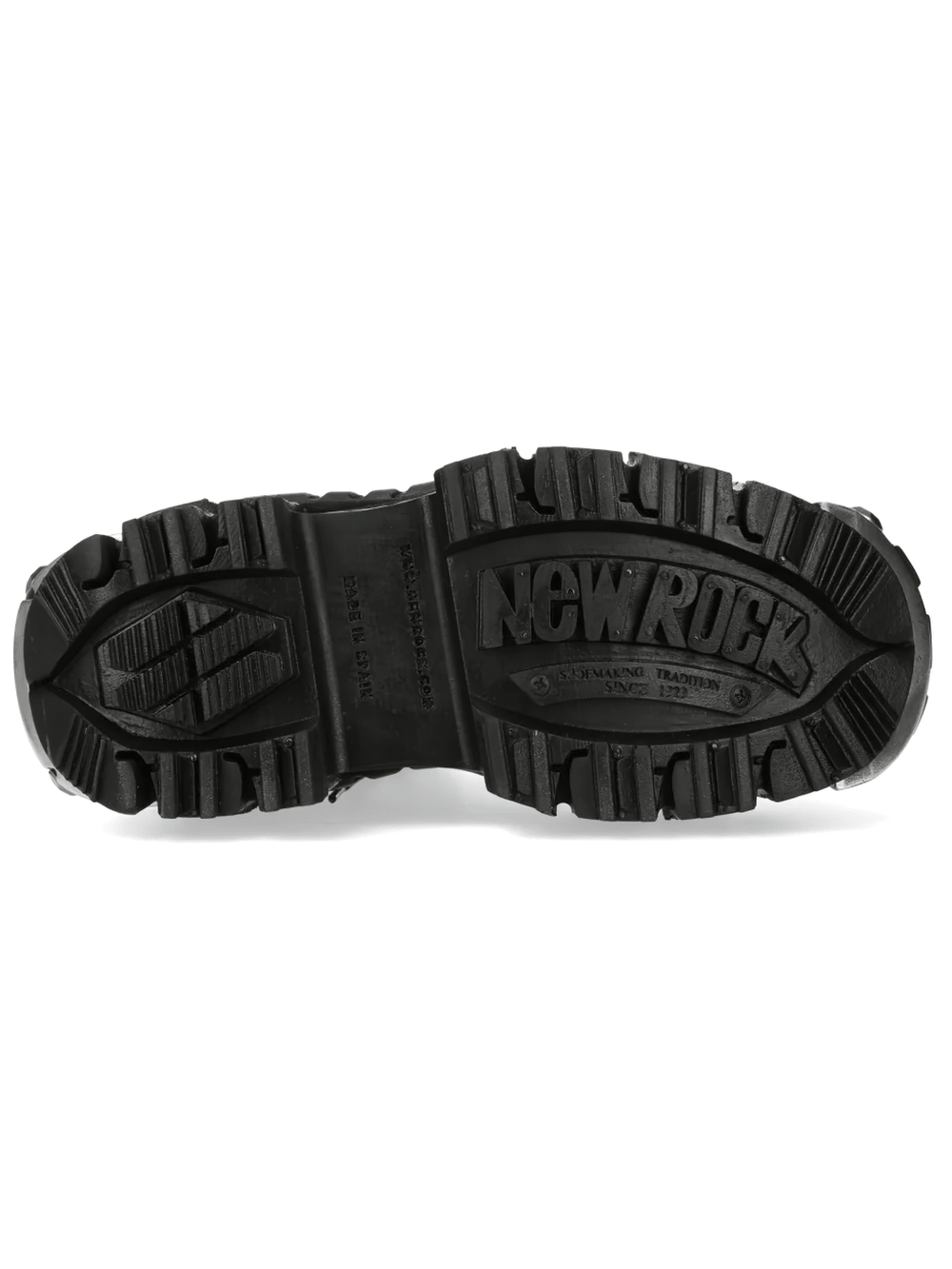Alt Tag: NEW ROCK Punk Flame Ankle Boots with Industrial Sole Design outsole view with rugged lug tread and NEW ROCK logo