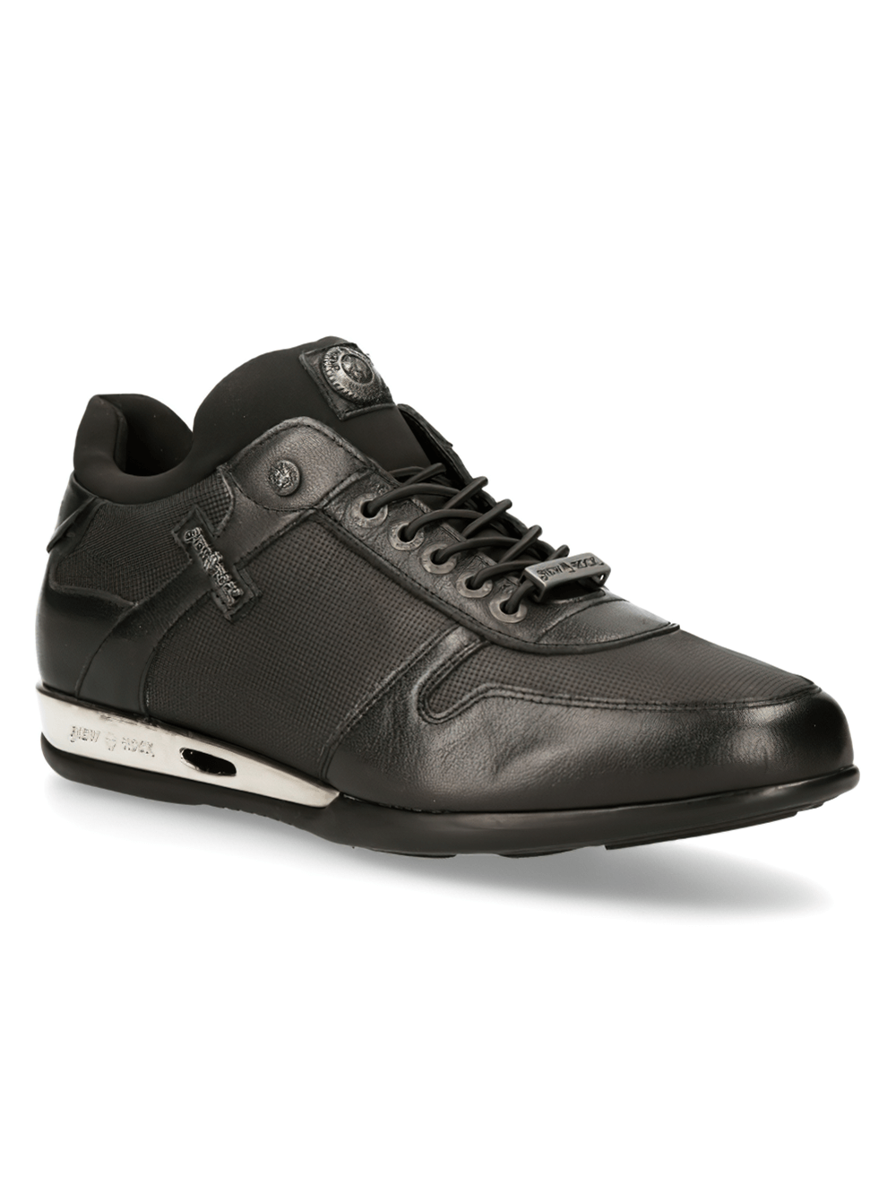 NEW ROCK Punk Genuine Leather Sneakers in edgy black, featuring lace-up design and durable glued PU sole.