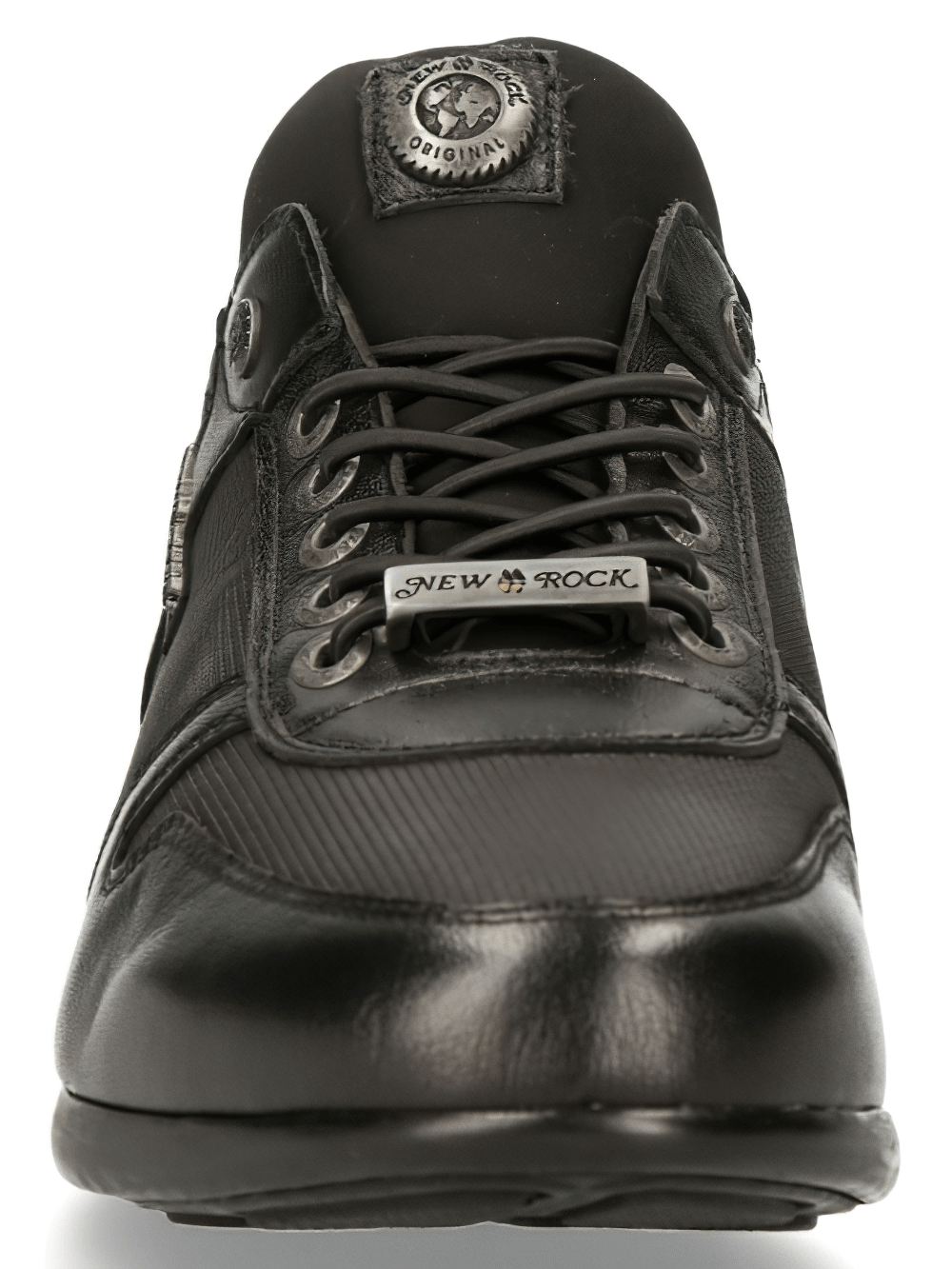Front view of NEW ROCK punk black leather sneakers with lace-up clasp, perfect for fashion rebels.