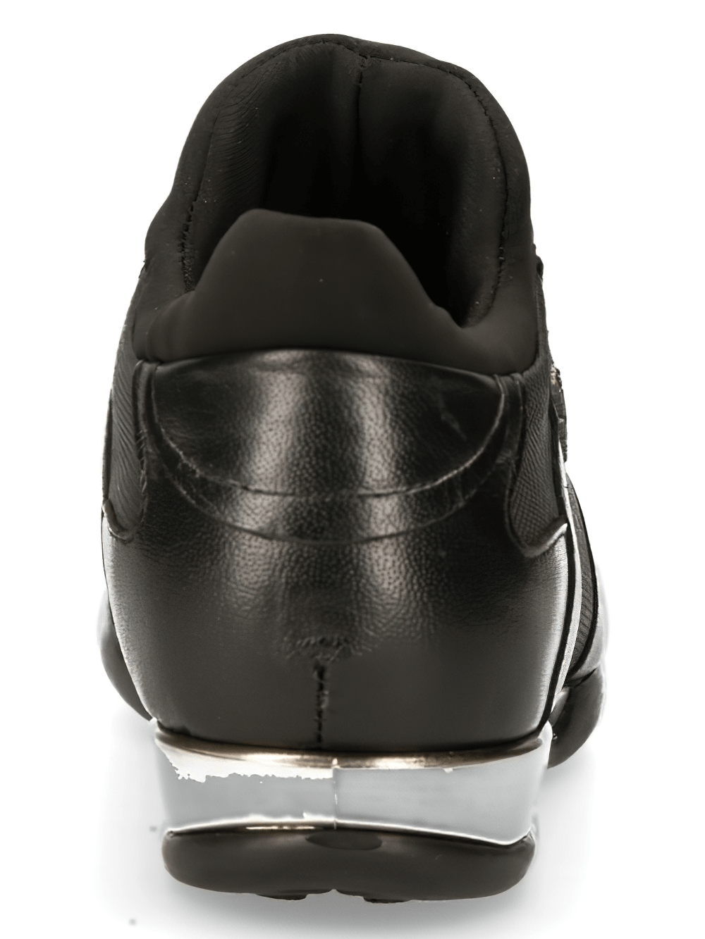 Back view of NEW ROCK punk genuine leather sneakers showcasing black leather and stylish silver accents.