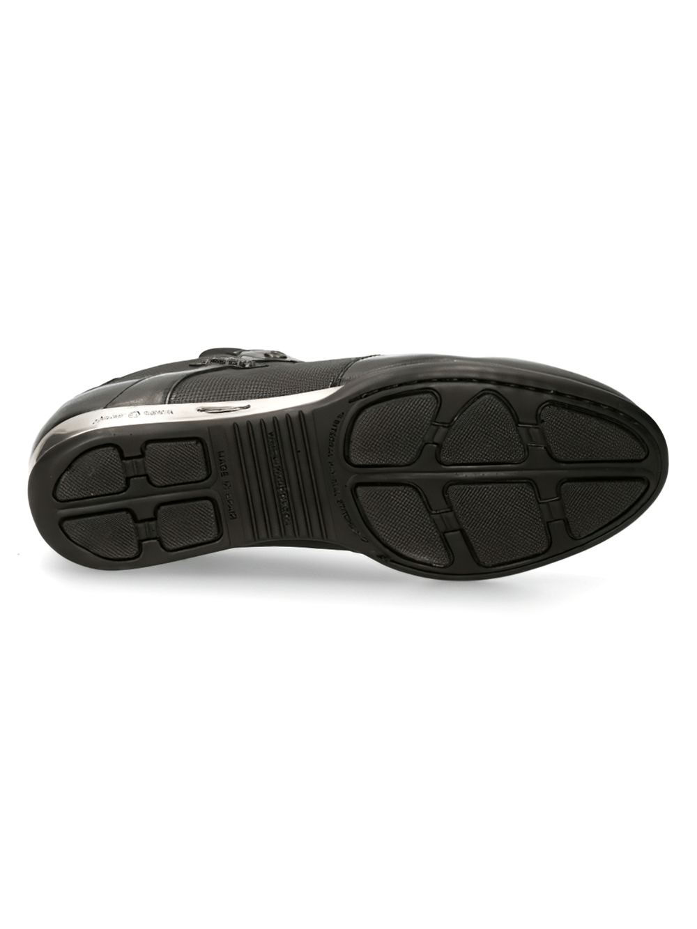Sleek black outsole of New Rock punk leather sneakers, showcasing durable grip and edgy design.