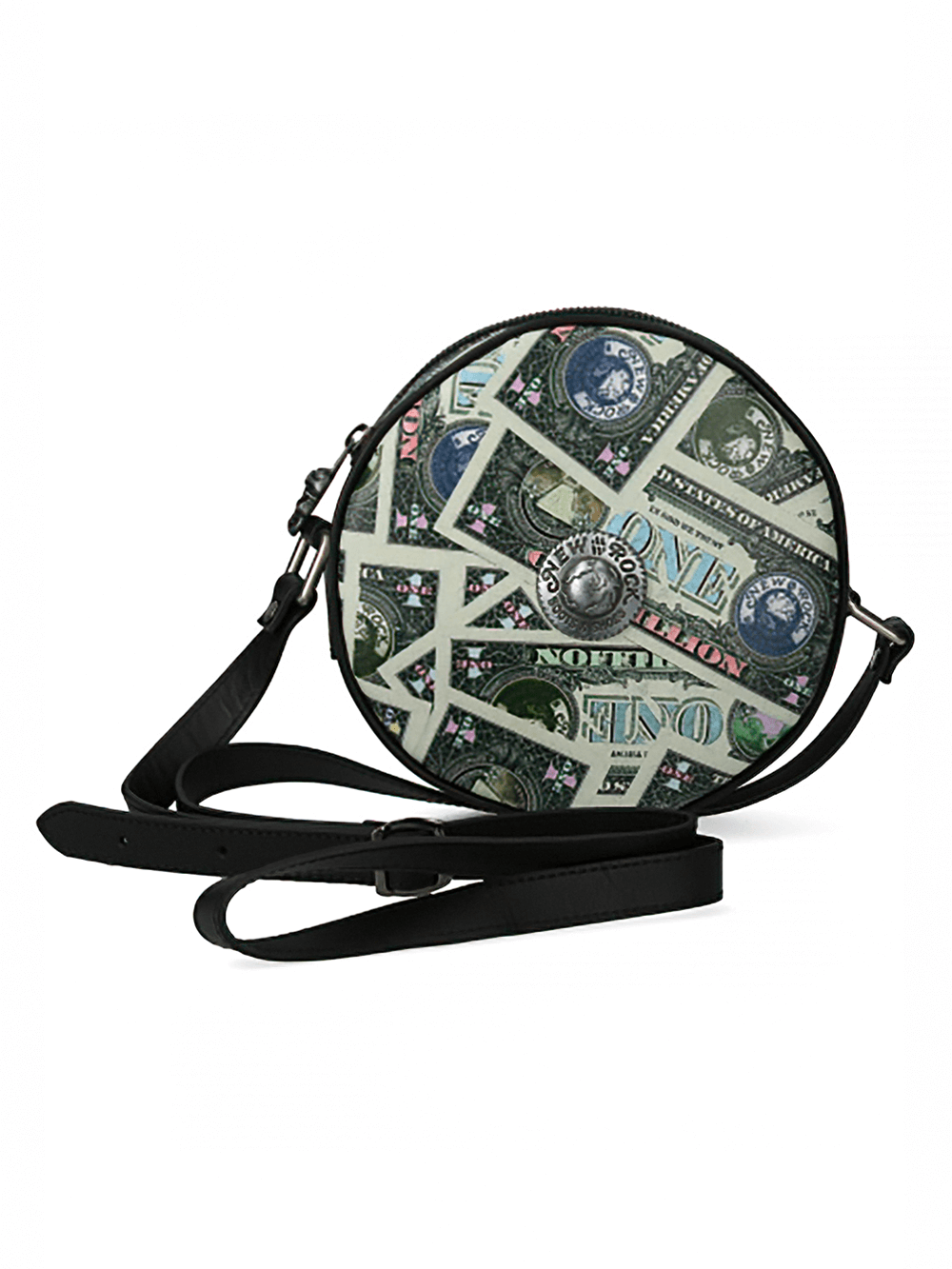 Punk green dollars print round leather bag with zipper, stylish and bold unisex accessory.