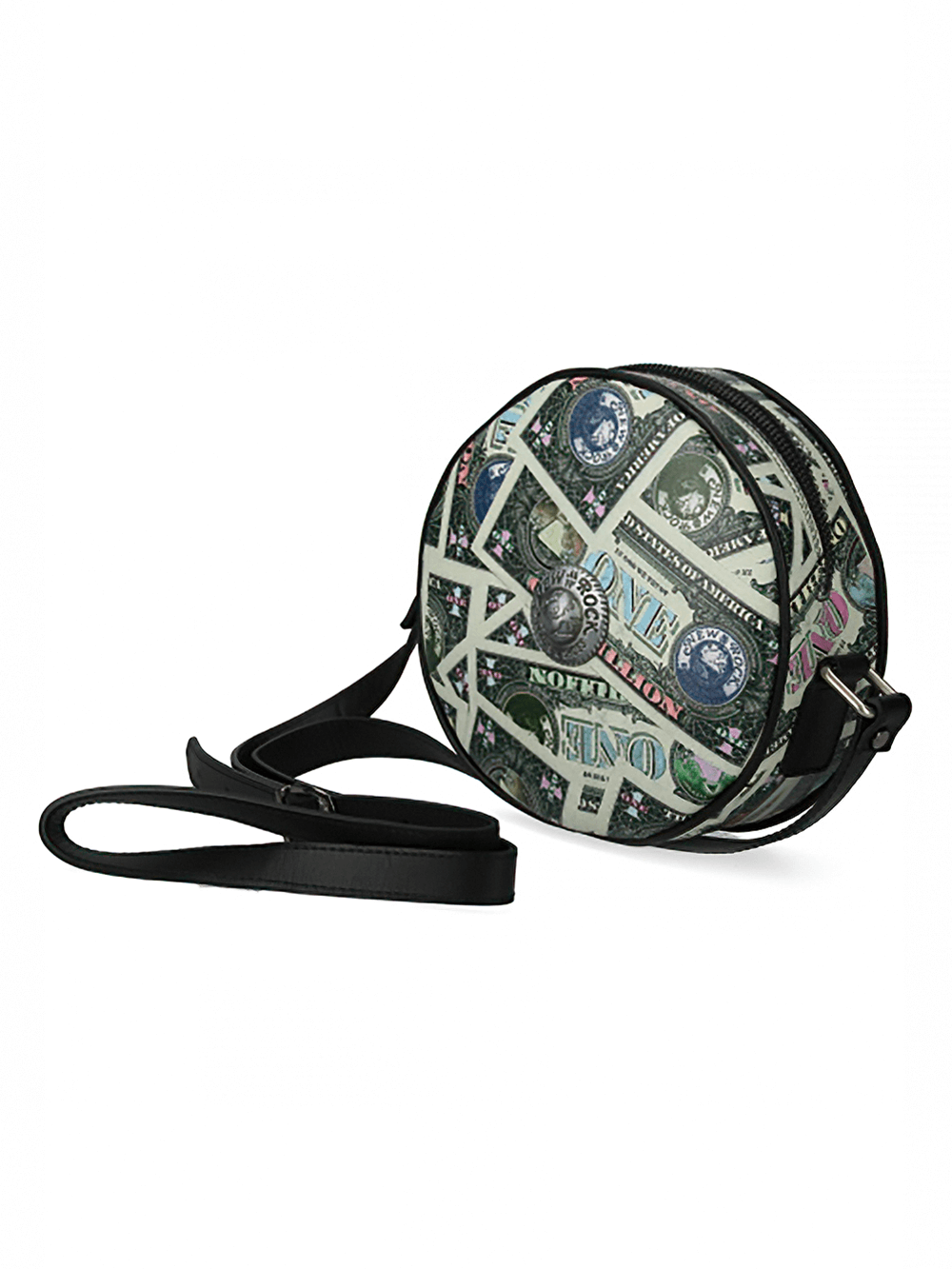 Chic punk green dollars print round leather bag with zipper and strap, perfect for bold fashion statements.