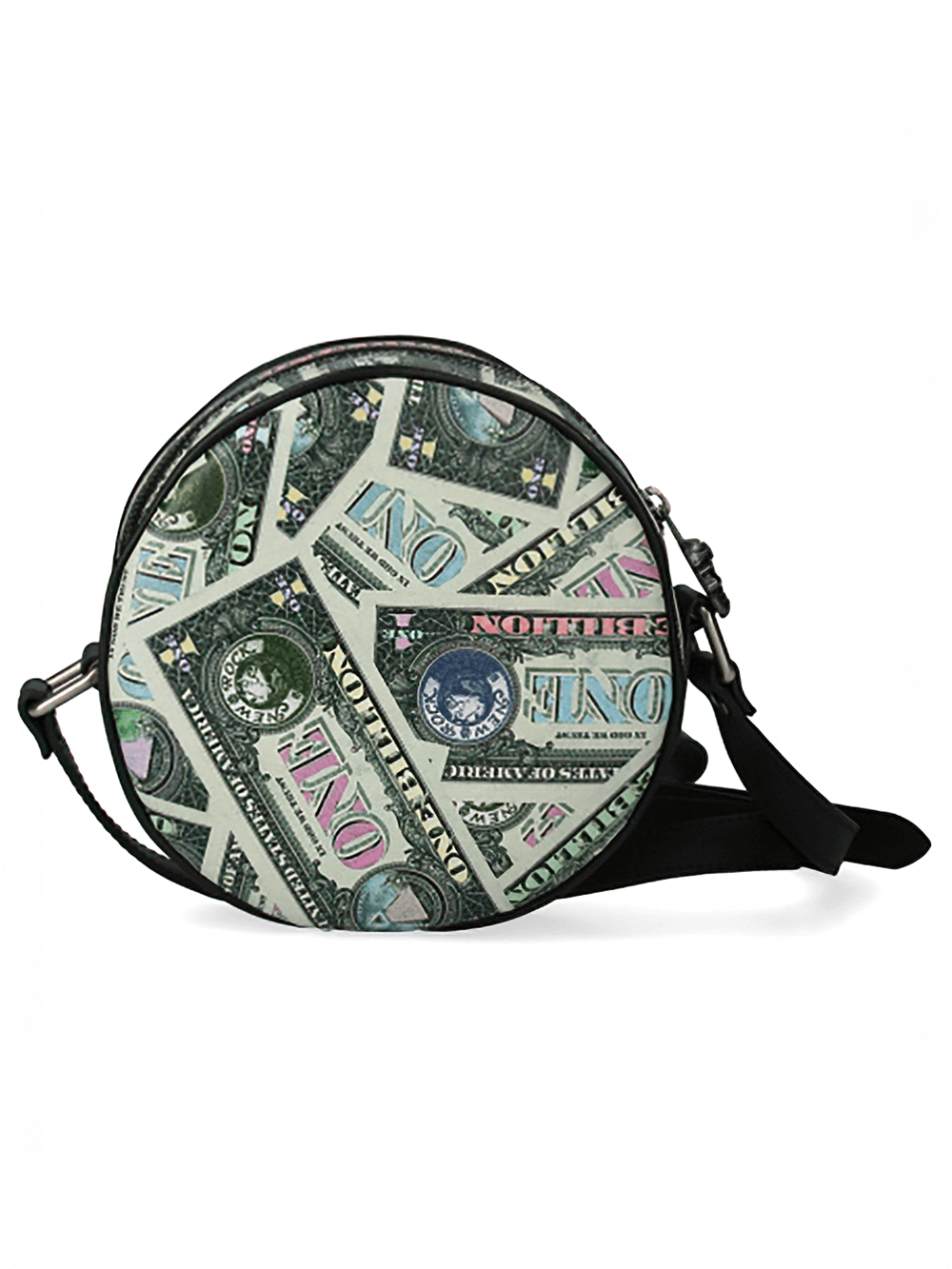 Chic round leather bag with punk green money print and zipper, perfect for stylish fashion enthusiasts.