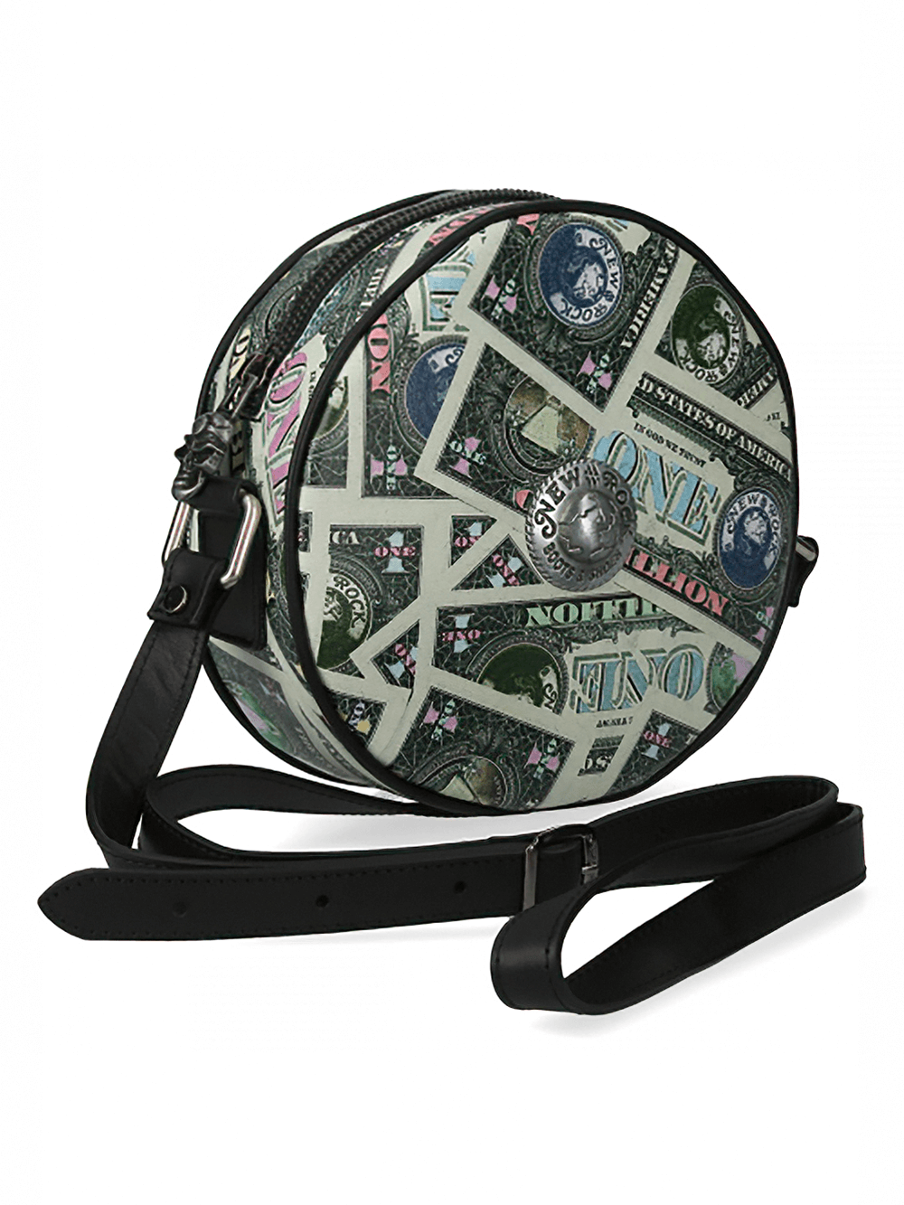 Chic round leather bag with punk green dollar print and durable zipper for fashion-forward style.