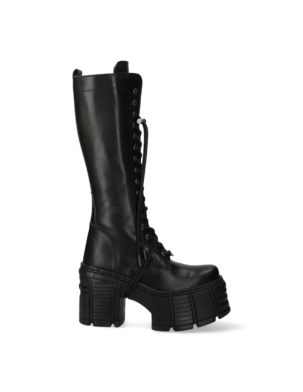 NEW ROCK black leather knee high boots with platform and lace-up design, perfect for punk rock style.