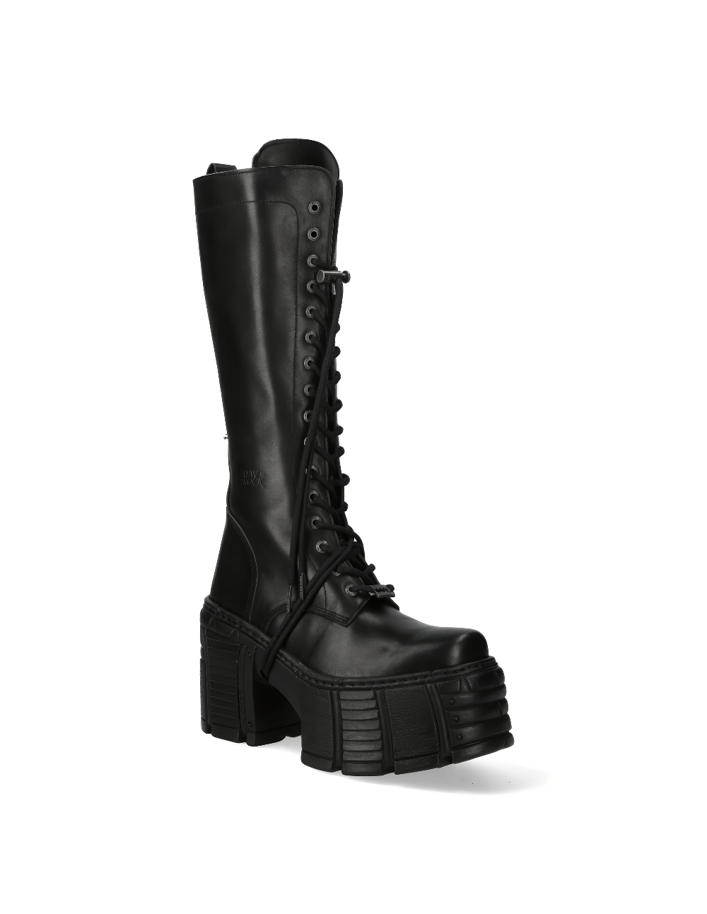 NEW ROCK black leather knee high lace-up boots with extreme platform and gothic punk style details.