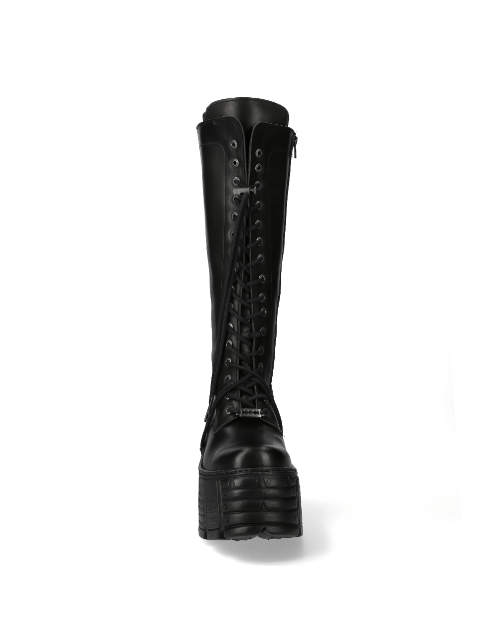 Black leather knee high lace-up platform boots with a striking punk rock style and bold platform heels.