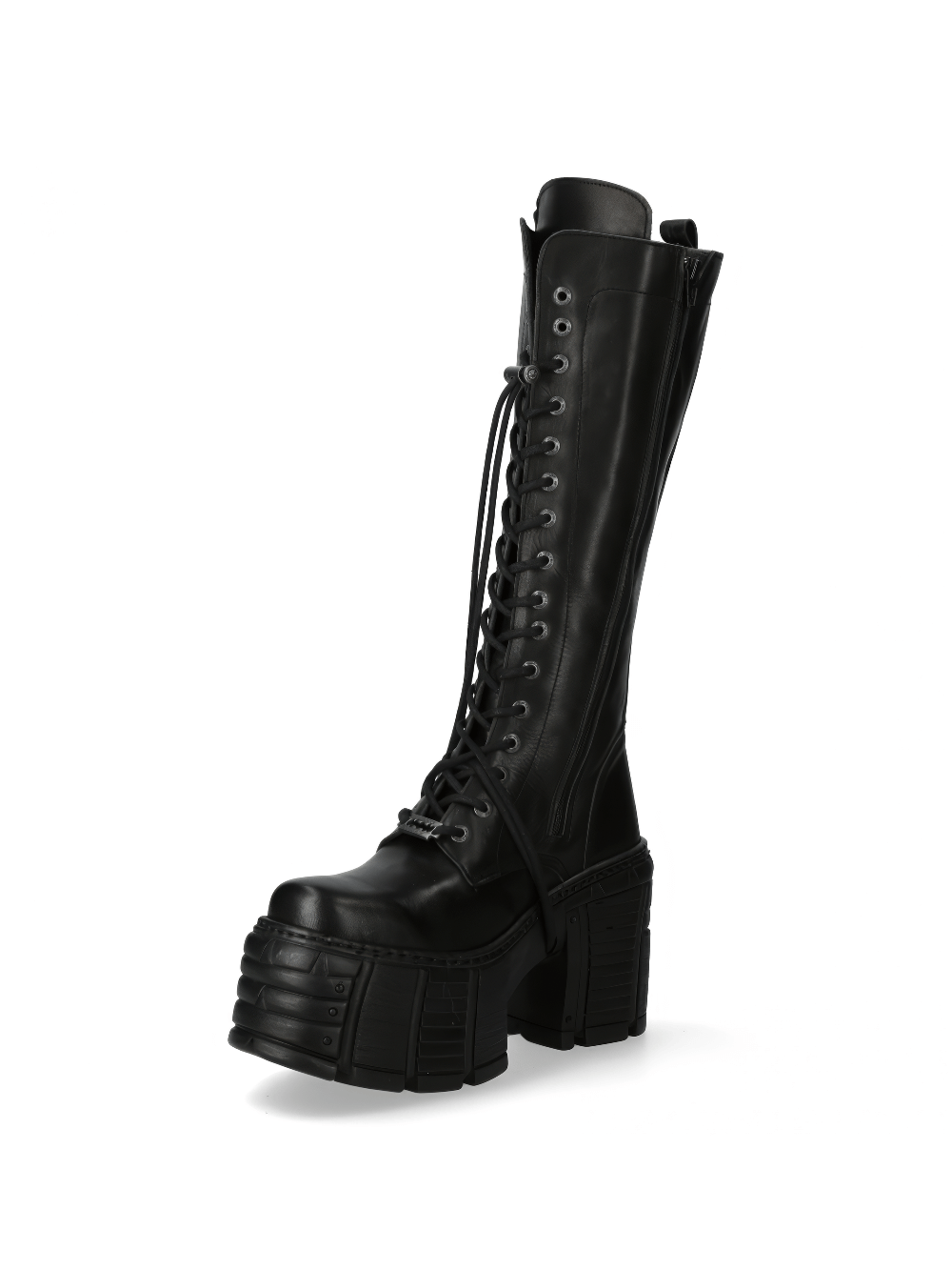 NEW ROCK Punk Lace-Up Black Leather Knee High Boots
