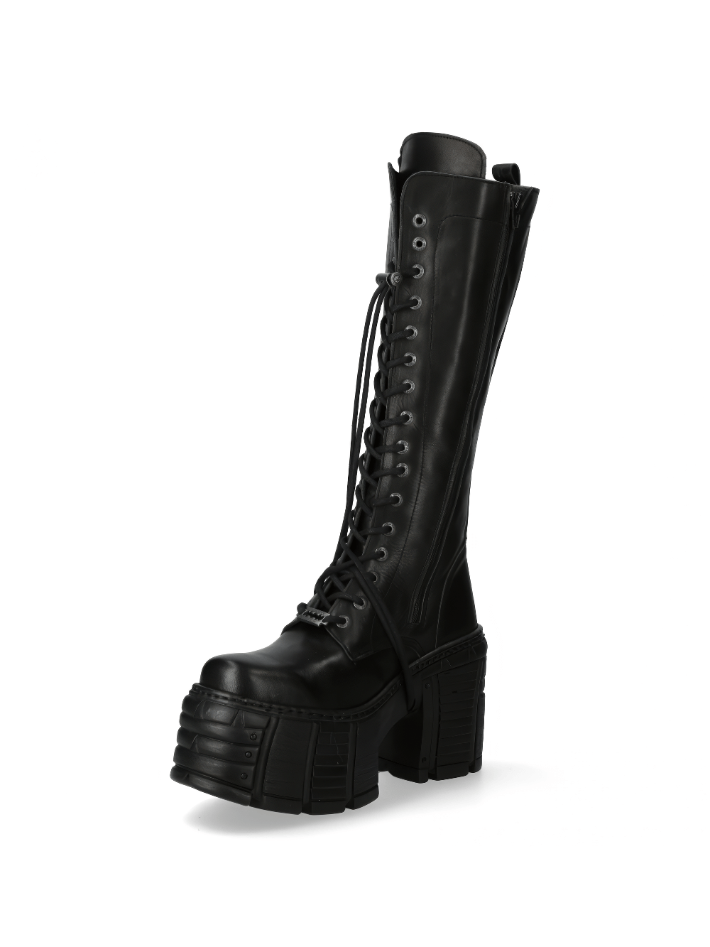 NEW ROCK women's punk lace-up black leather knee-high boots with extreme platform, 12cm heel and 7cm platform.