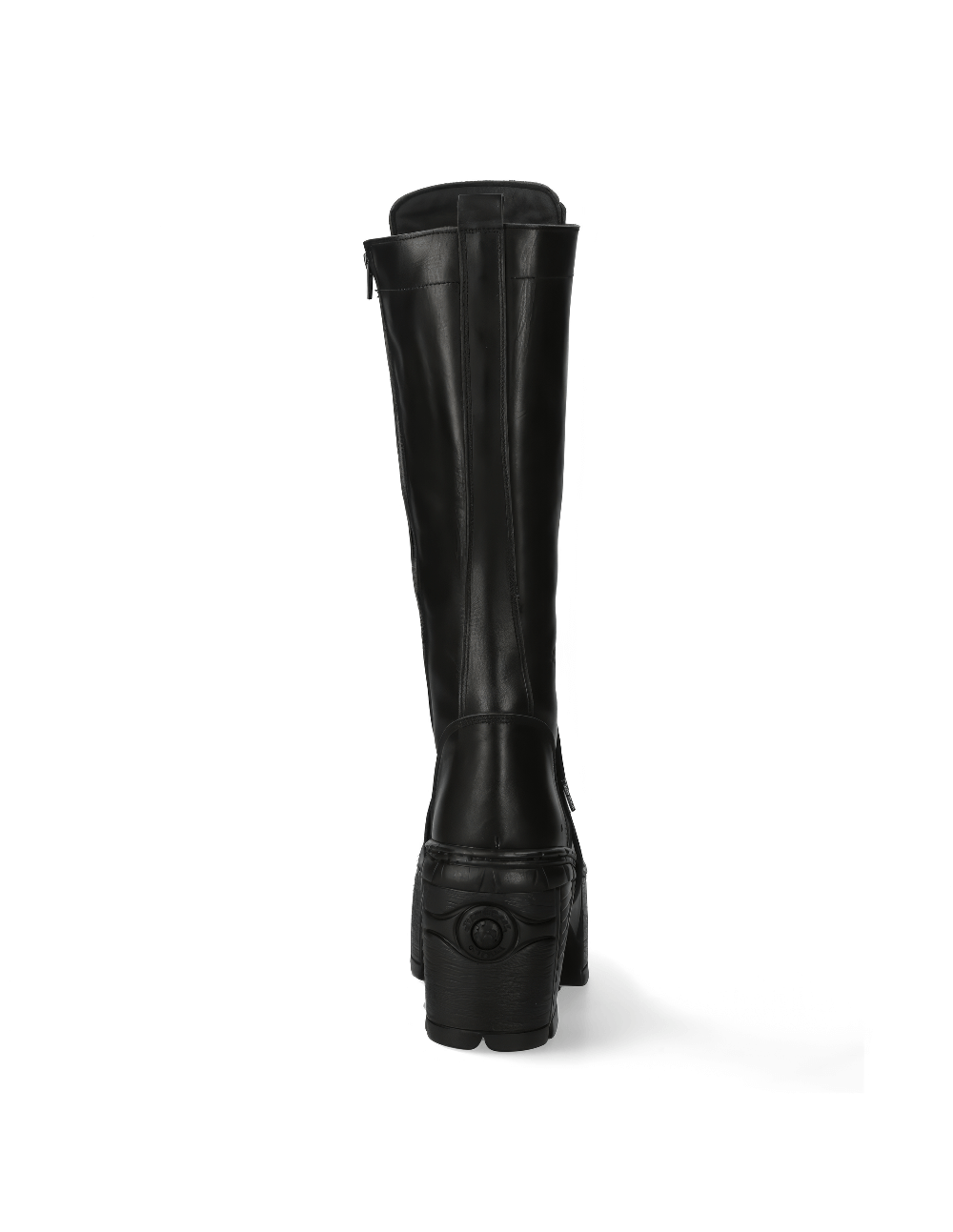 Back view of NEW ROCK Punk Lace-Up Black Leather Knee High Boots with extreme platform design.