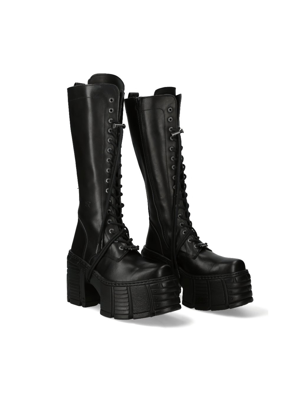 NEW ROCK punk lace-up black leather knee high boots with extreme platform, gothic rock style, and durable TPU sole.