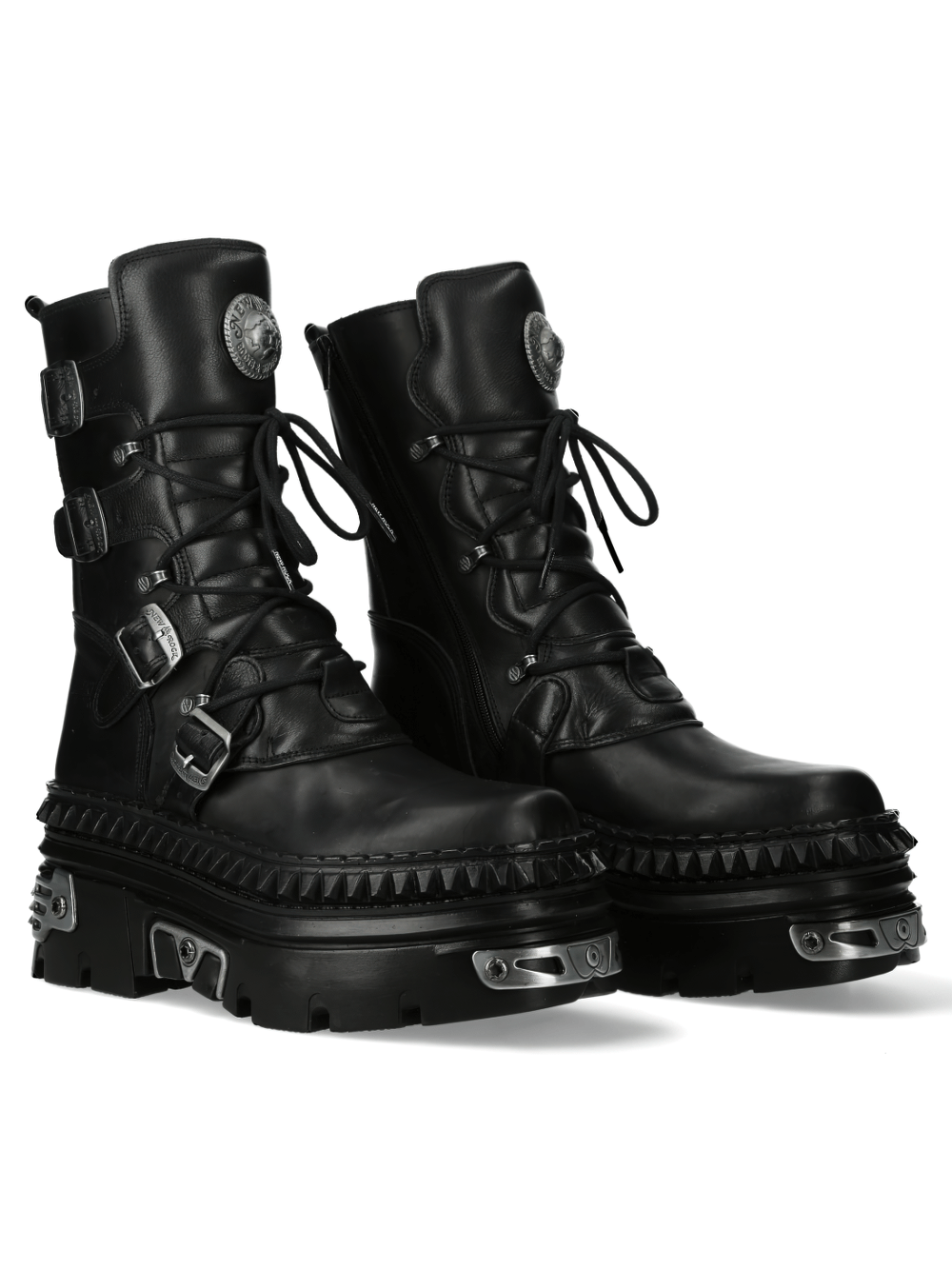 NEW ROCK Punk lace-up boots with chunky metallic sole, showcasing gothic design and military flair.