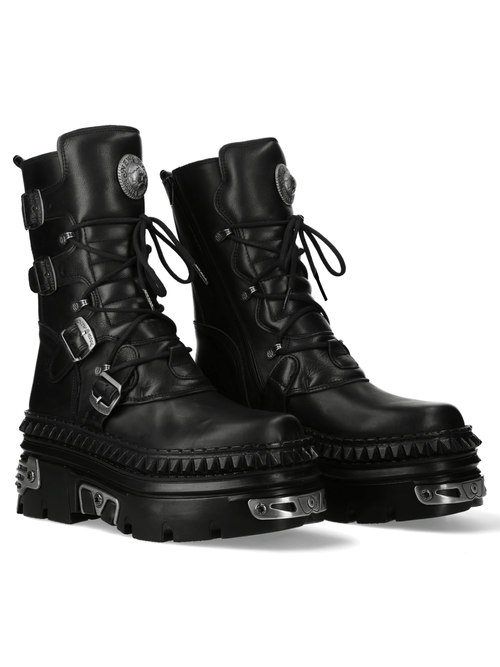 NEW ROCK Women's Punk Lace-Up Boots with Chunky Metallic Sole