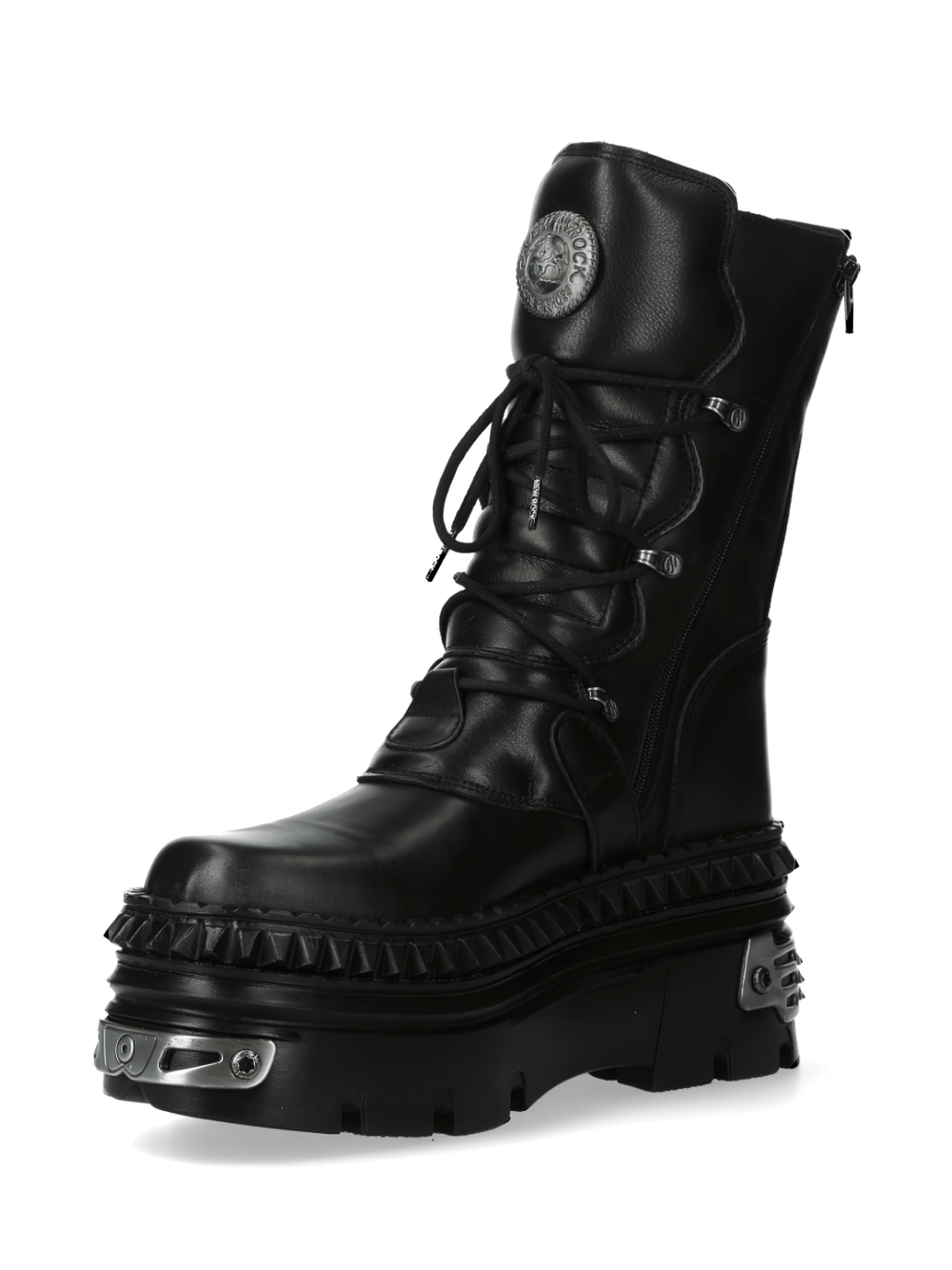 NEW ROCK Gothic lace-up boots with chunky metallic sole and military-inspired design.