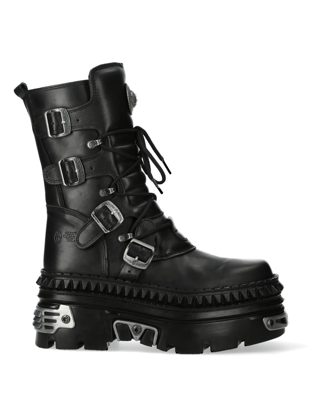 NEW ROCK Punk Lace-Up Boots with Chunky Metallic Sole and Gothic Buckles for edgy style.