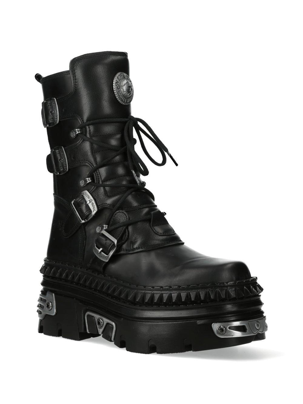 NEW ROCK Punk lace-up boots with chunky metallic sole and gothic buckle accents, perfect for edgy fashion statement.