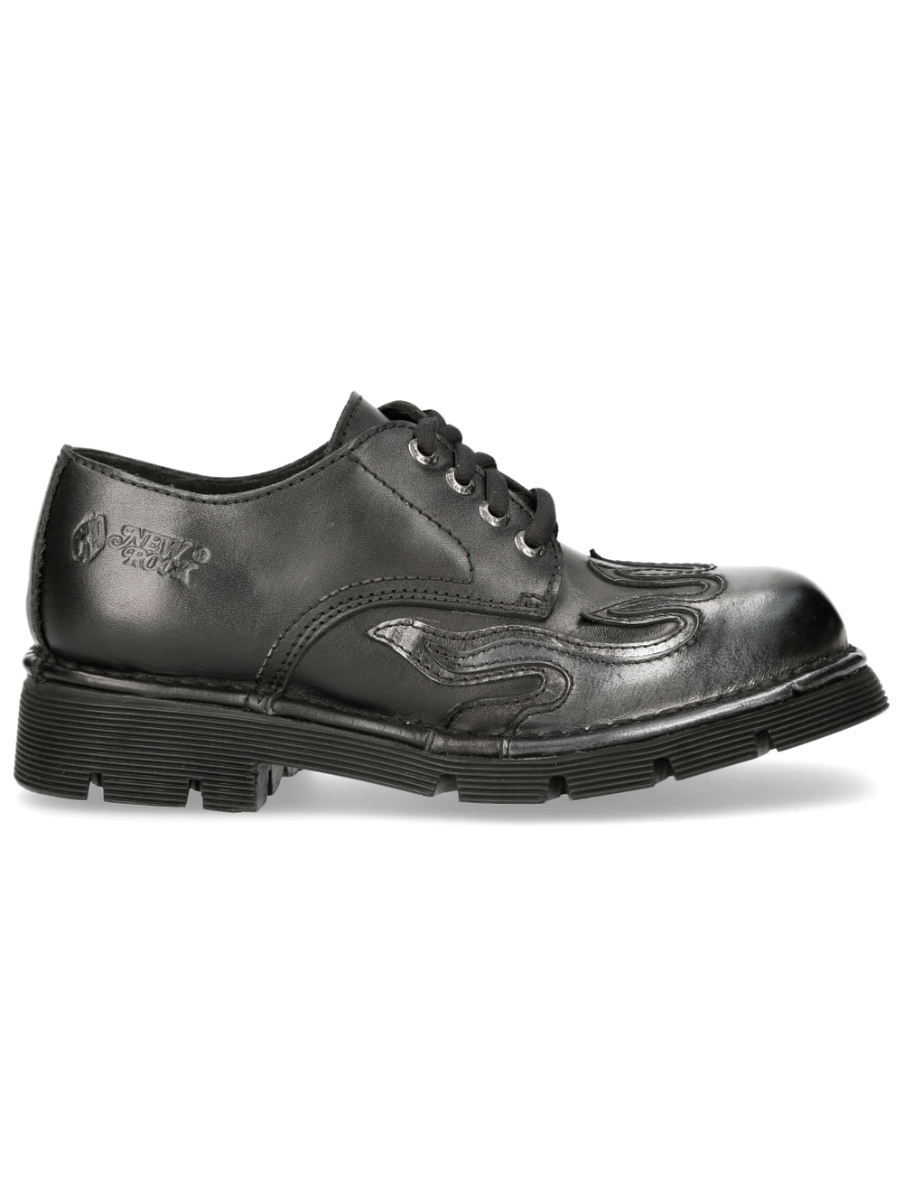 NEW ROCK Black Lace-Up Shoes with Embossed Flame Design, perfect for punk and gothic fashion enthusiasts.