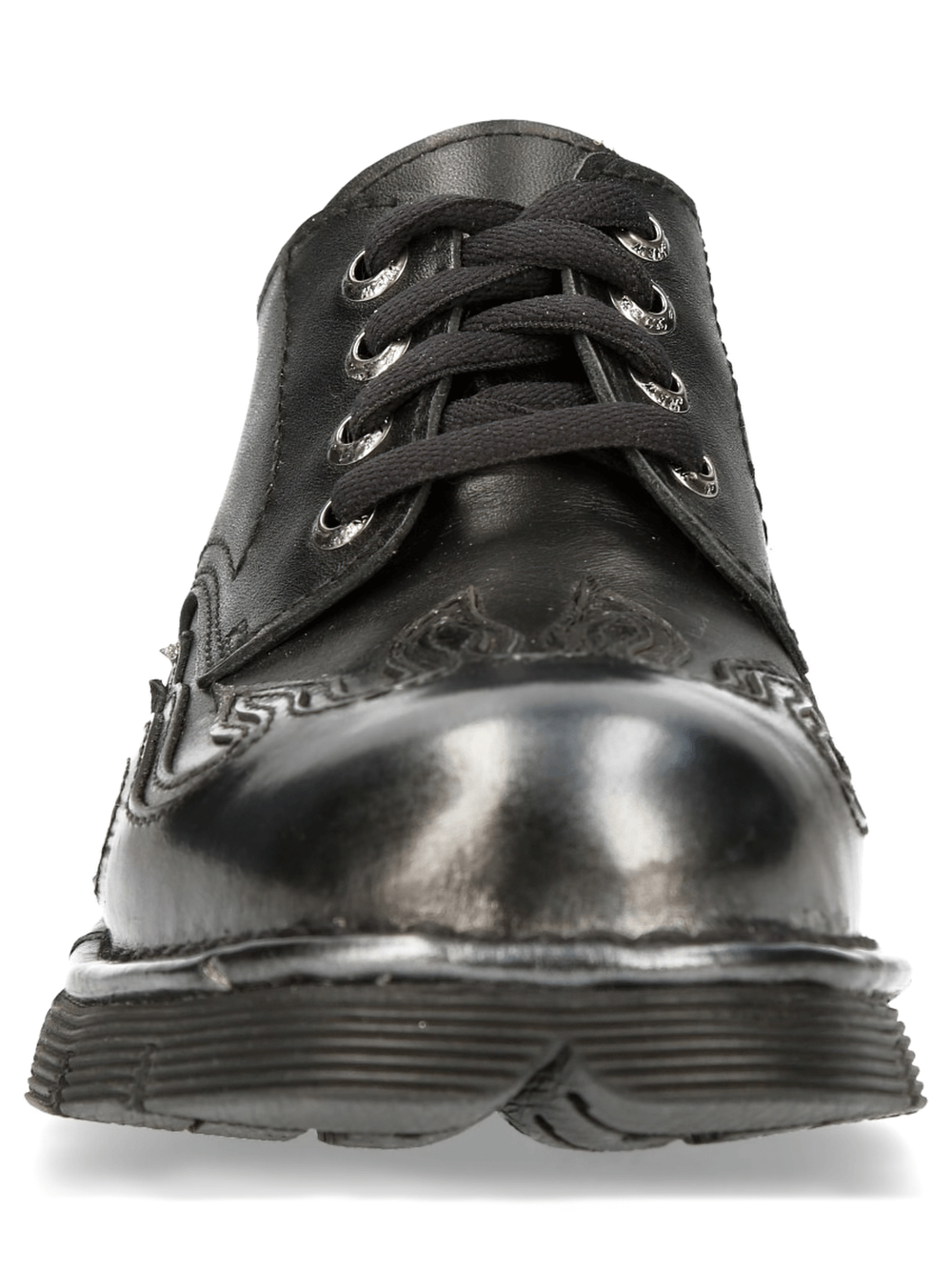 NEW ROCK black lace-up punk shoes with embossed flame design, perfect for gothic fashion enthusiasts.