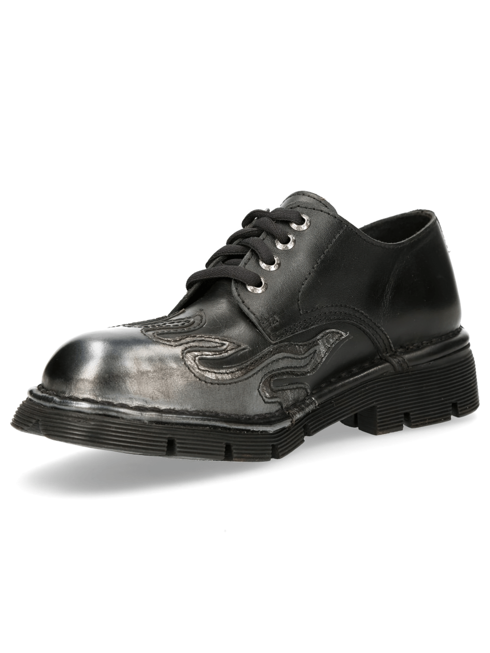 Punk Lace-Up Shoes in black leather with embossed flame design, perfect for gothic fashion and rock style.