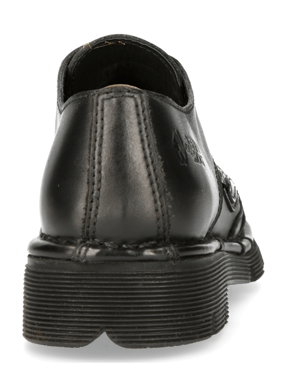 Back view of black punk lace-up shoes with embossed flame design, showcasing their gothic style and tough sole.