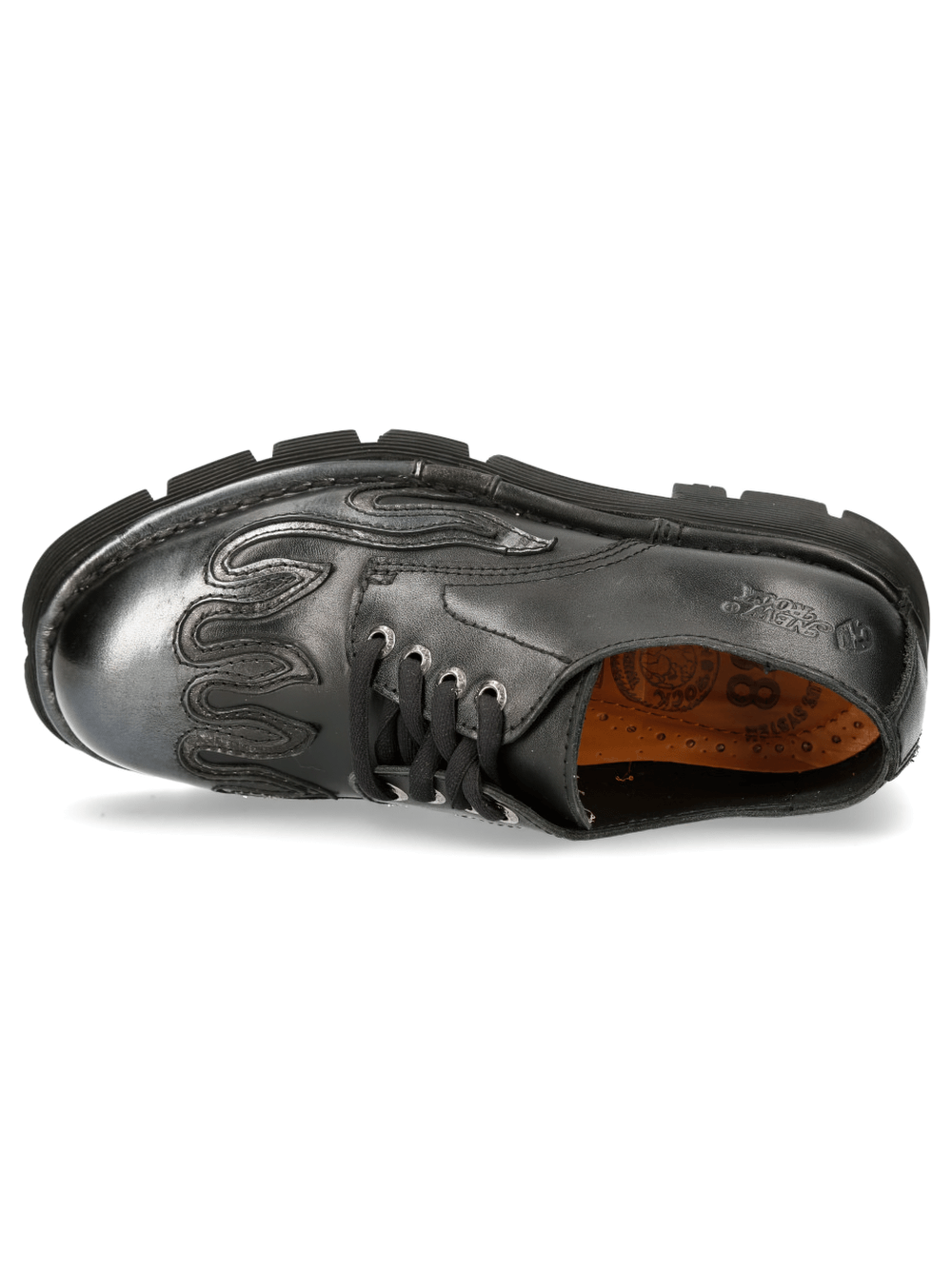 Top view of NEW ROCK black punk lace-up shoes with embossed flame design, ideal for gothic fashion enthusiasts.